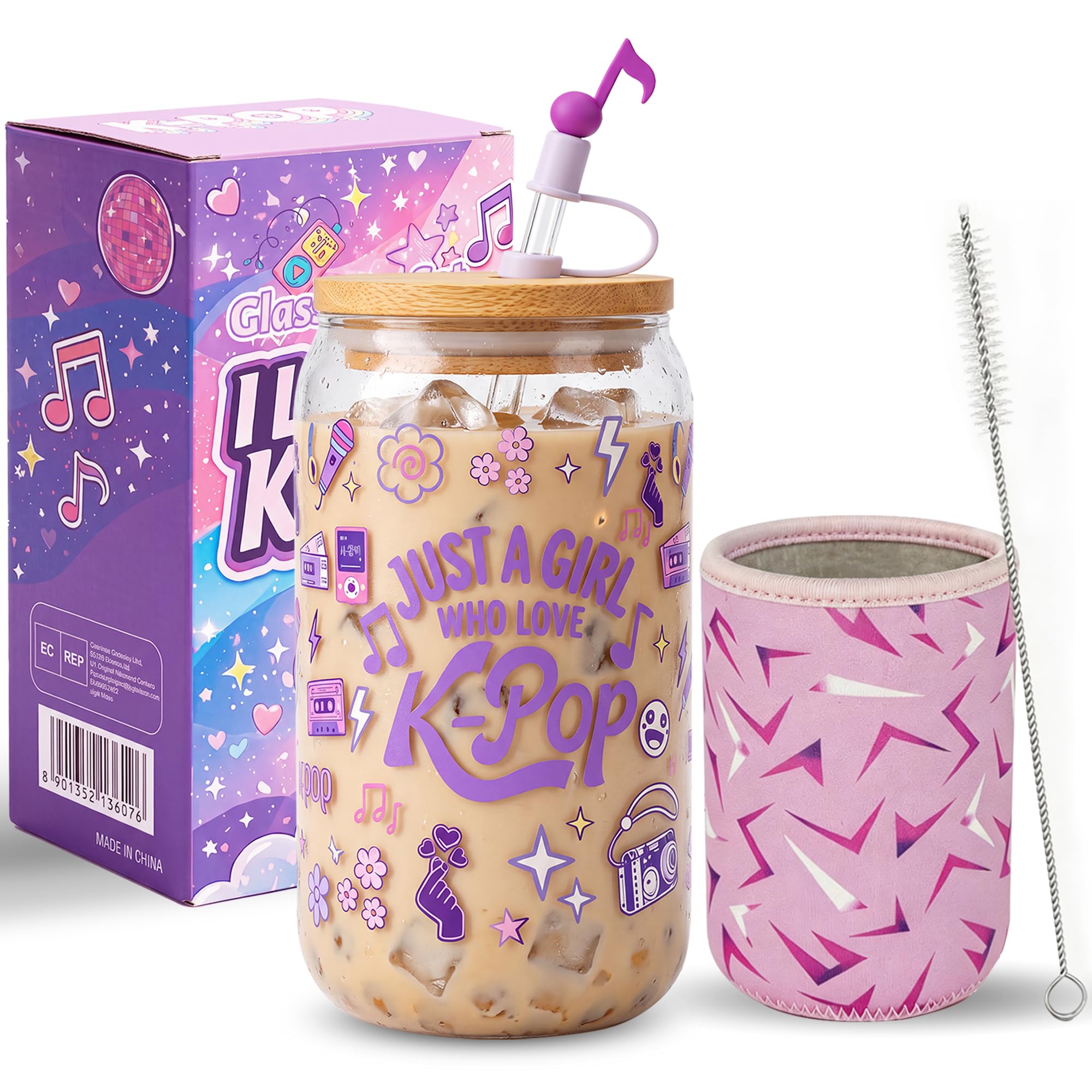 EcoUtens Kpop Gifts for Women Girls - 16oz Glass Cup with Lid and Straw