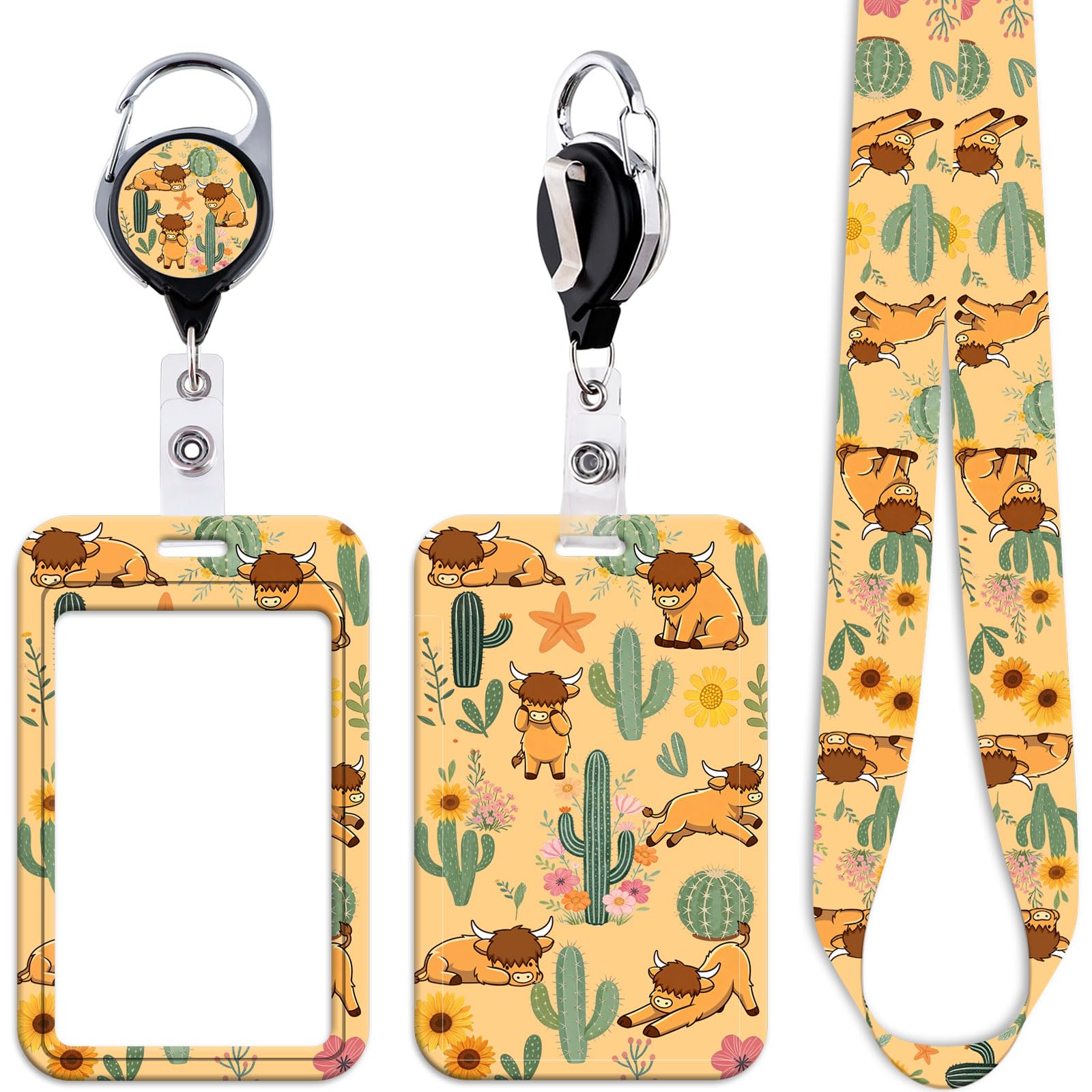 Highland Cow Badge Reel with Yellow ID Card Holder Lanyard Cactus Heavy Duty Retractable ID Badge Holder Reel Clip Cute Kids Lanyard ID Holder for Keys Name Tag, for Office Nurses Staff & School ID — image 1