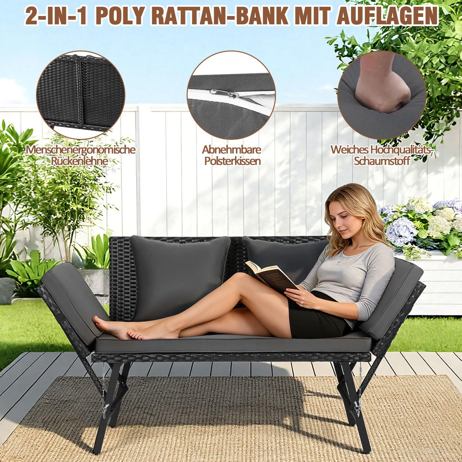 Panchina da giardino in polyrattan 3 in 1 con funzione sdraio, divano da balcone a 2 posti, pieghevole, braccioli pieghevoli, rivestimenti rimovibili, mobili da salotto per giardino, balcone