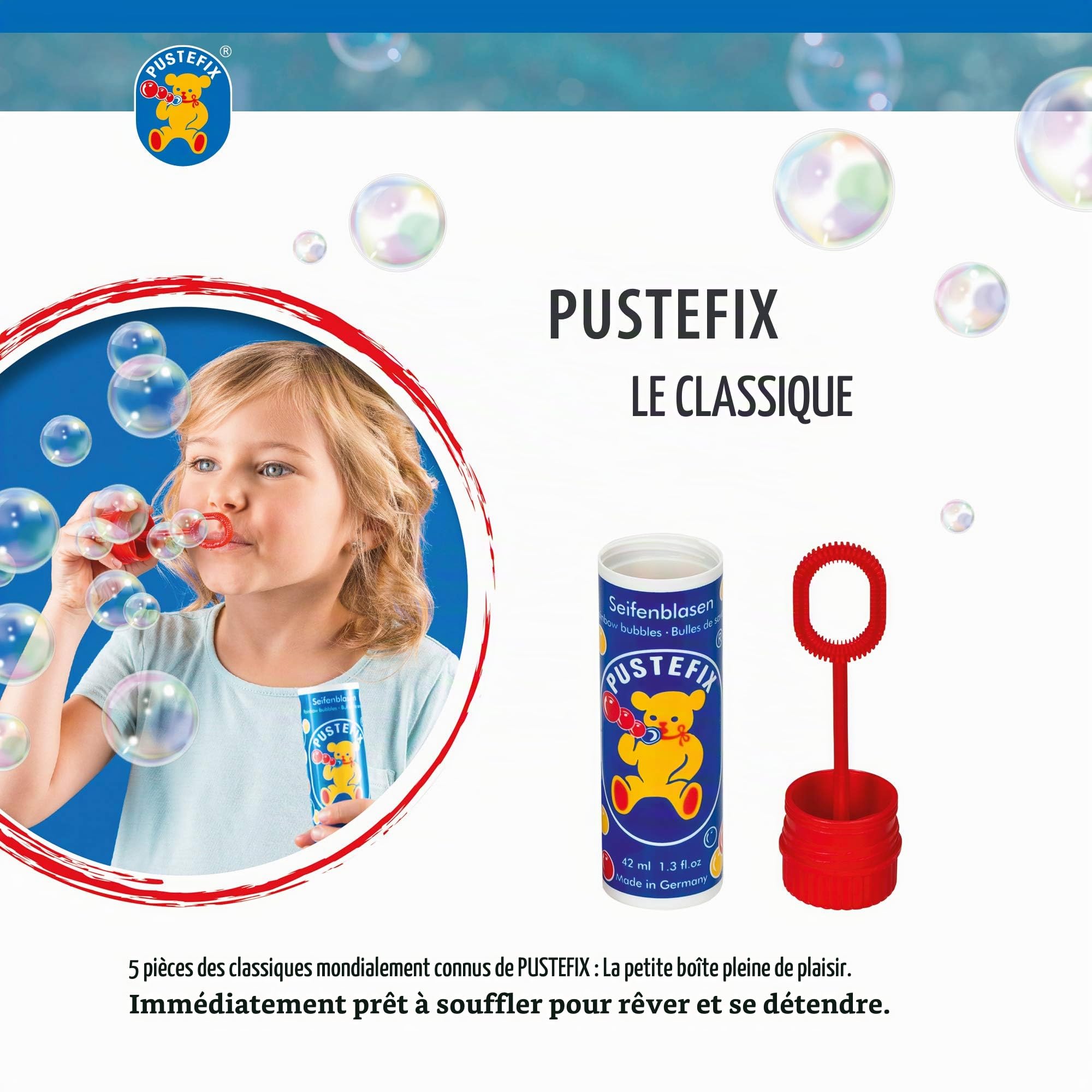 PUSTEFIX Lot de 5 bulles de savon classiques 42 ml - Bulles arc-en-ciel colorées fabriquées en Allemagne - Pour mariage, anniversaire d'enfant, bureau civil, soirée de mariage - Lot de 5 x 42 ml