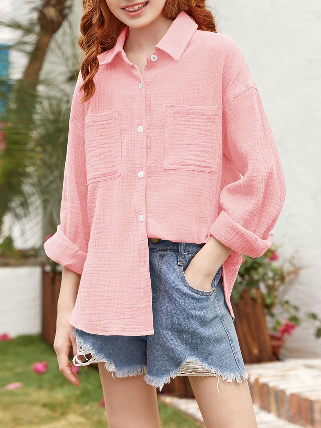 Saudacdn Girls Button Down Shirts Long Roll Up Cuffed Sleeve Collared Blouses Casual Cotton Tops with Pockets - Image 2