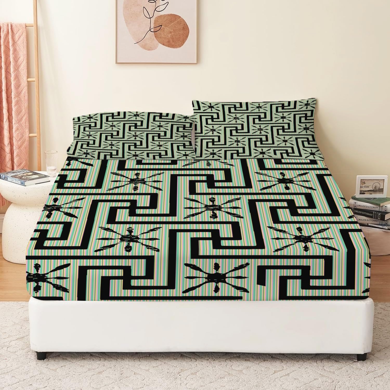 Spannbettlaken 160x200cm Geometrische Linien Kinder Spannbetttuch für Jungen Mädchen Jugendliche Dekor Bettlaken Set 3D Gedruckt Matratzenbezug mit 2 Kissenbezügen