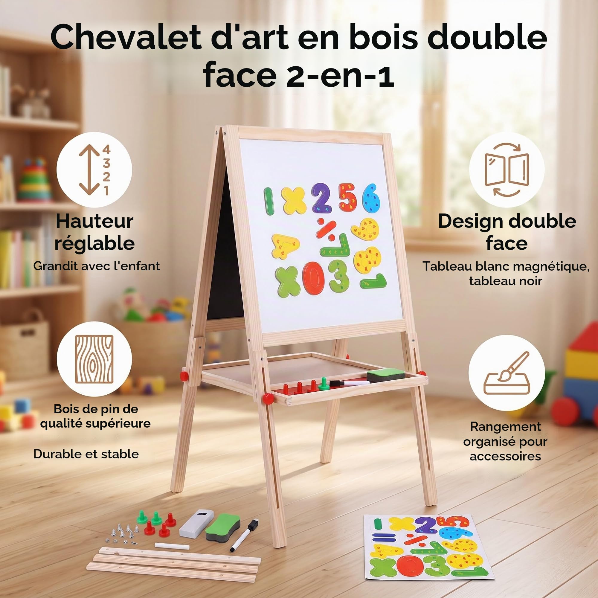 Ejoyous Tableau 2 en 1 en bois pour enfants - Réglable en hauteur - Chevalet magnétique en bois - Tableau de jeu pour enfants à partir de 3 à 12 ans - 65 x 35 x 31 cm