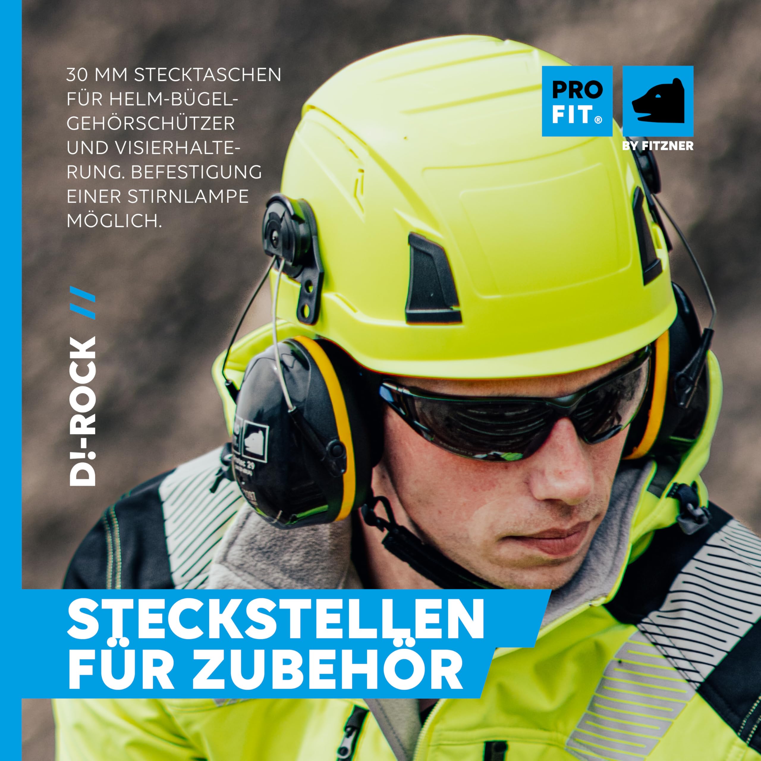 PRO FIT Arbeitsschutzhelm D!-Rock - Belüfteter Bauhelm mit Drehrad - 53-56 cm Kopfband - 30 mm Stecktaschenhalterung - Für die Baustelle