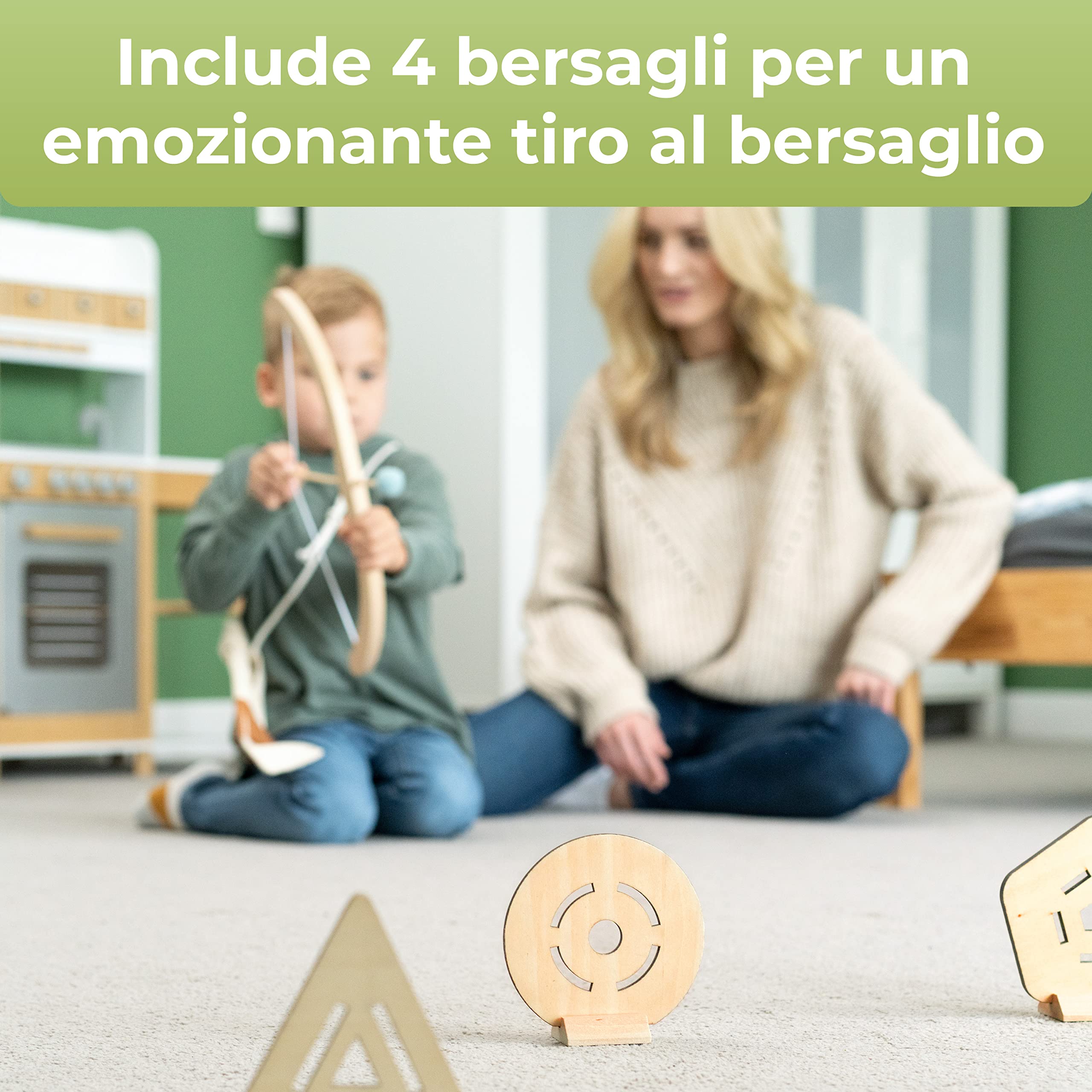 BOWRILLA® Arco e frecce per bambini in legno con 5 frecce, 4 bersagli e porta frecce