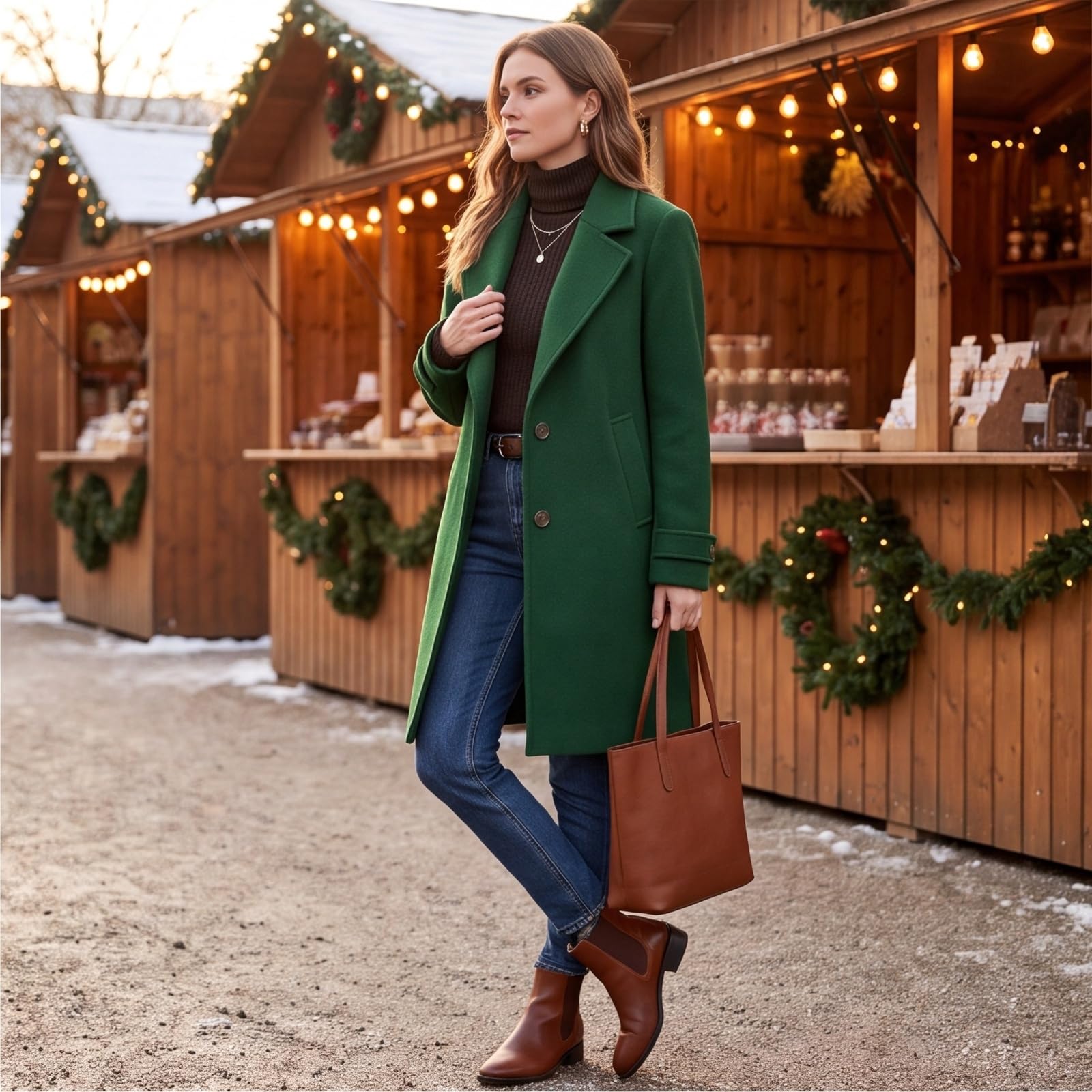 Generisch Wollmantel Damen Winter Wolljacke Mittellang Wool Coat Winddicht