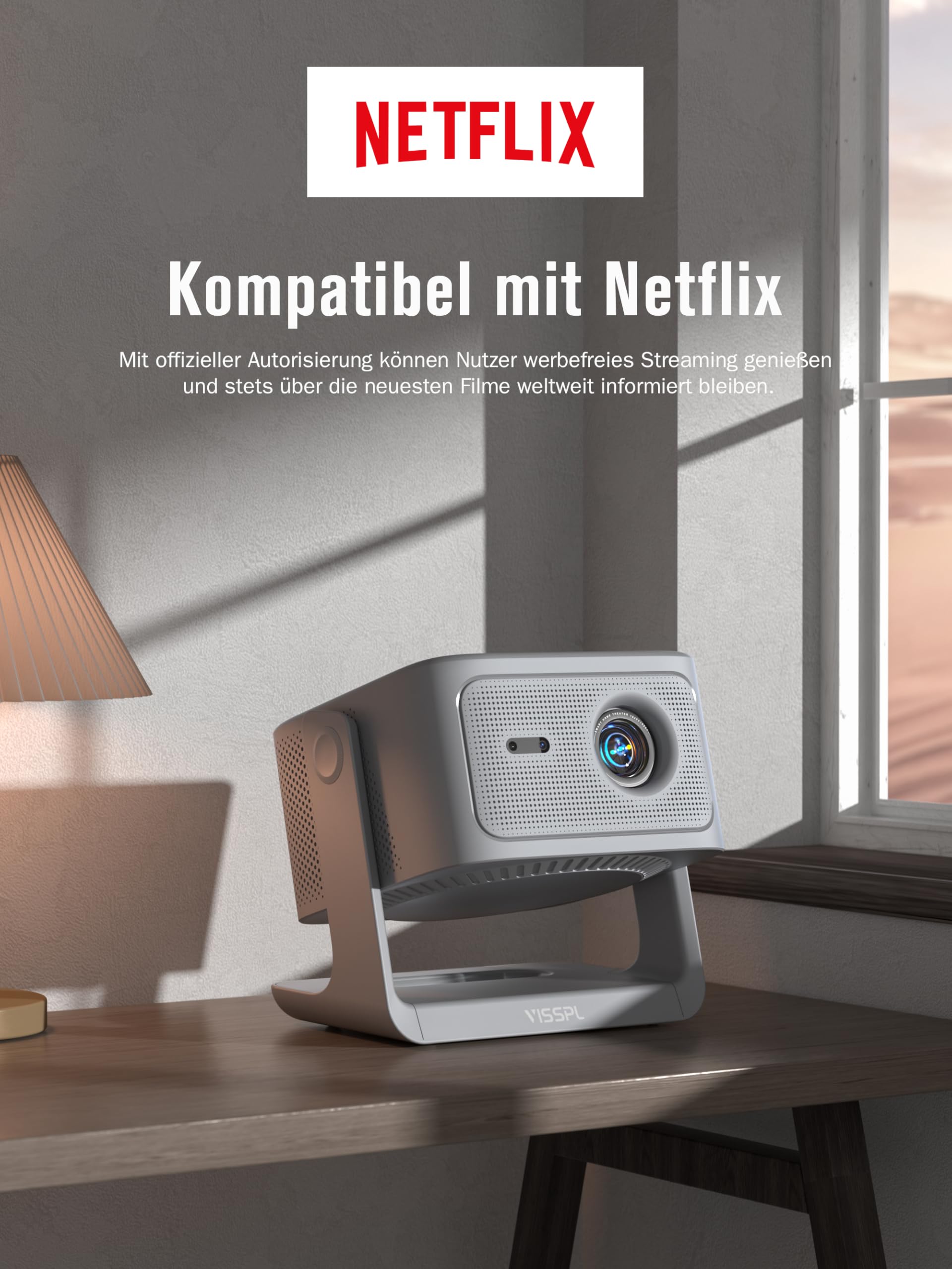 VISSPL Smart Beamer 4K Heimkino Projektor 30000 Lumen 3D Dolby Audio Autofokus WiFi6 Bluetooth 360° Standfuß Grau