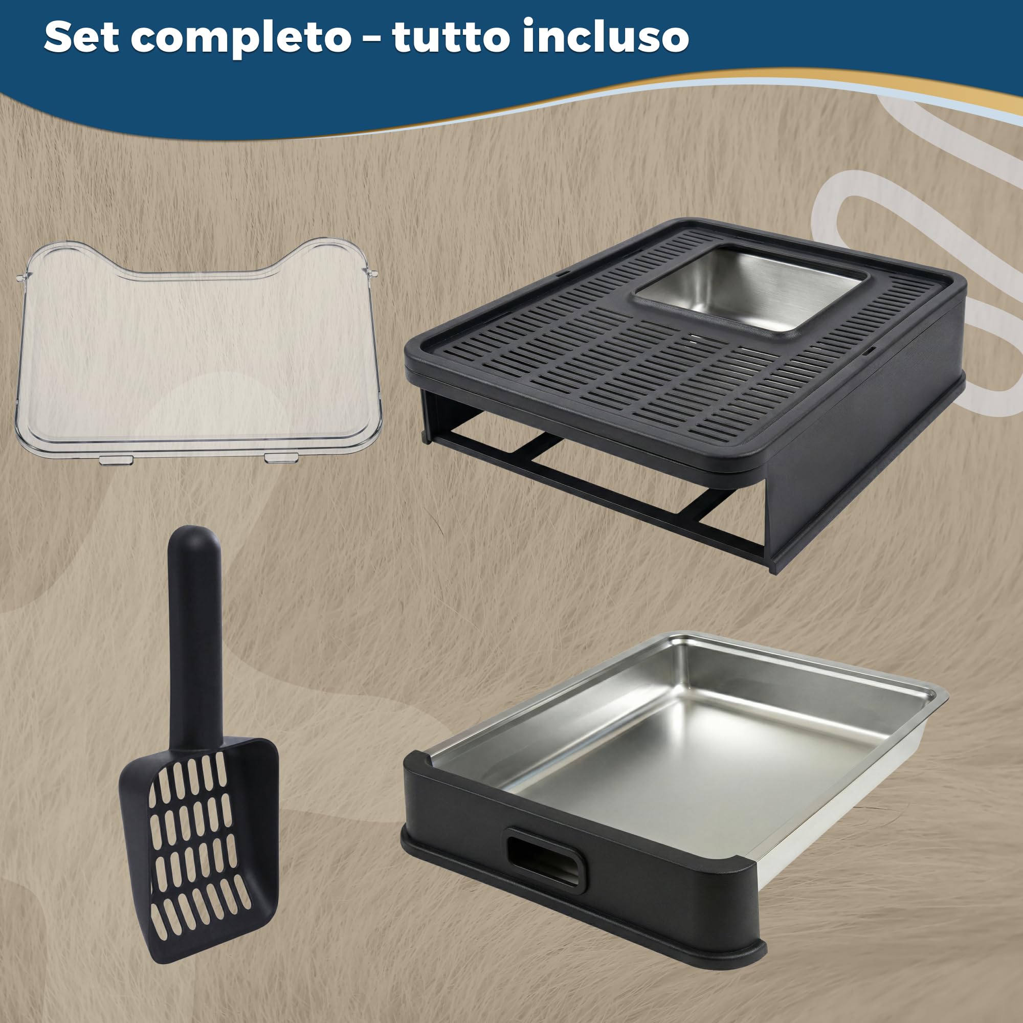 Lettiera gatto acciaio inox – Toilette chiusa con vassoio estraibile Antiodore, antiperdita, facile da pulire – Entrata avanti/uscita superiore – Lettiera gatto con paletta (38,3×51×41 cm),Nero