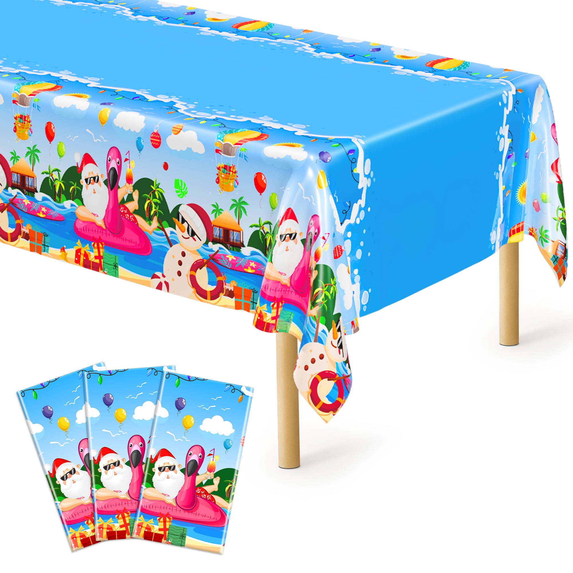 QZYL 3 Pcs Christmas July Tablecloths, 51 x 86.6 Inch Waterproof Summer Christmas Tablecloth, Disposable Santa Plastic Rectangle Table Cover, for Pool Beach Indoor Outdoor July Xmas Decorations