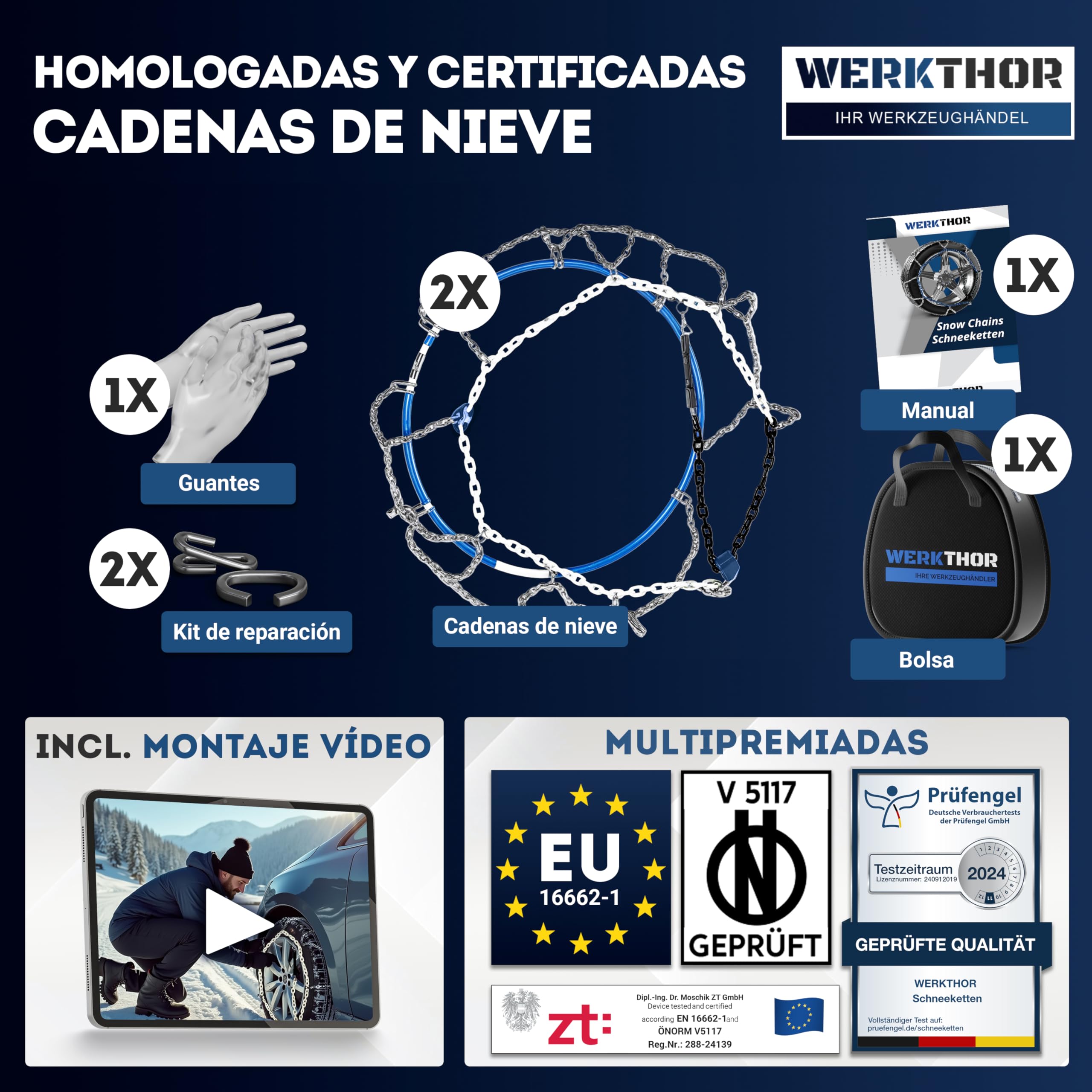 WERKTHOR 2x Cadenas de Nieve para Coche - Cadenas para Autos Certificadas - Máximo Agarre y Montaje Fácil - Cadenas Metálicas para Nieve - Para Diversas Medidas de Ruedas