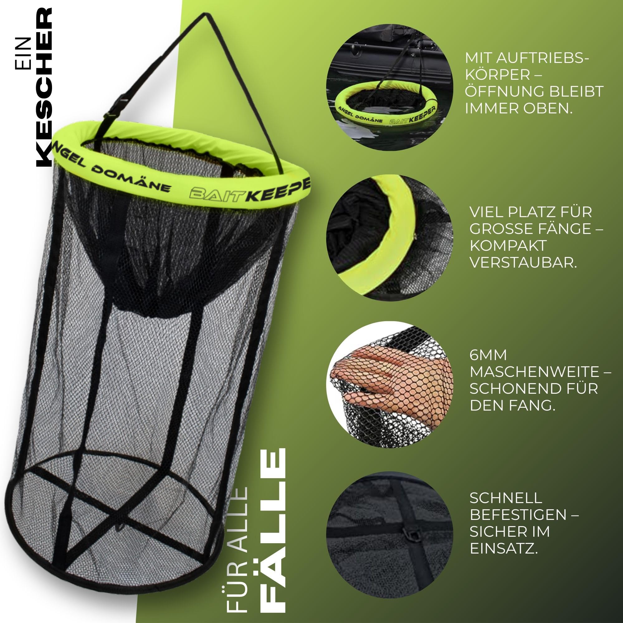 Angel Domäne Bait Keeper – Schwimmender Setzkescher gummiert – 90cm Länge & 44cm Durchmesser – Fischschonendes Hexa-Mesh – Bootssetzkescher mit Zugkordel & Auftriebskörper – Köderfischbehälter