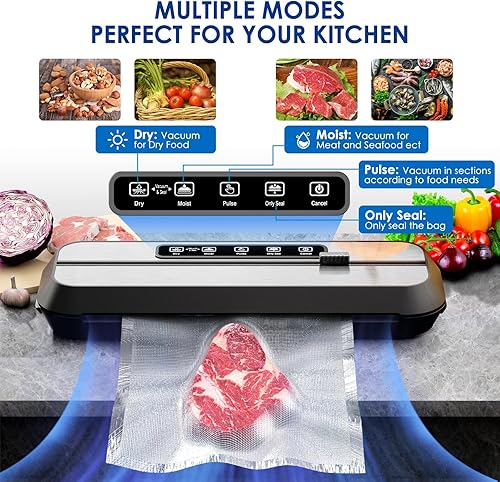 Miniatura 2 de Máquina selladora al vacío de 80 Kpa para almacenamiento de alimentos, máquina selladora de alimentos 5 en 1 para modos secohúmedo, cortador