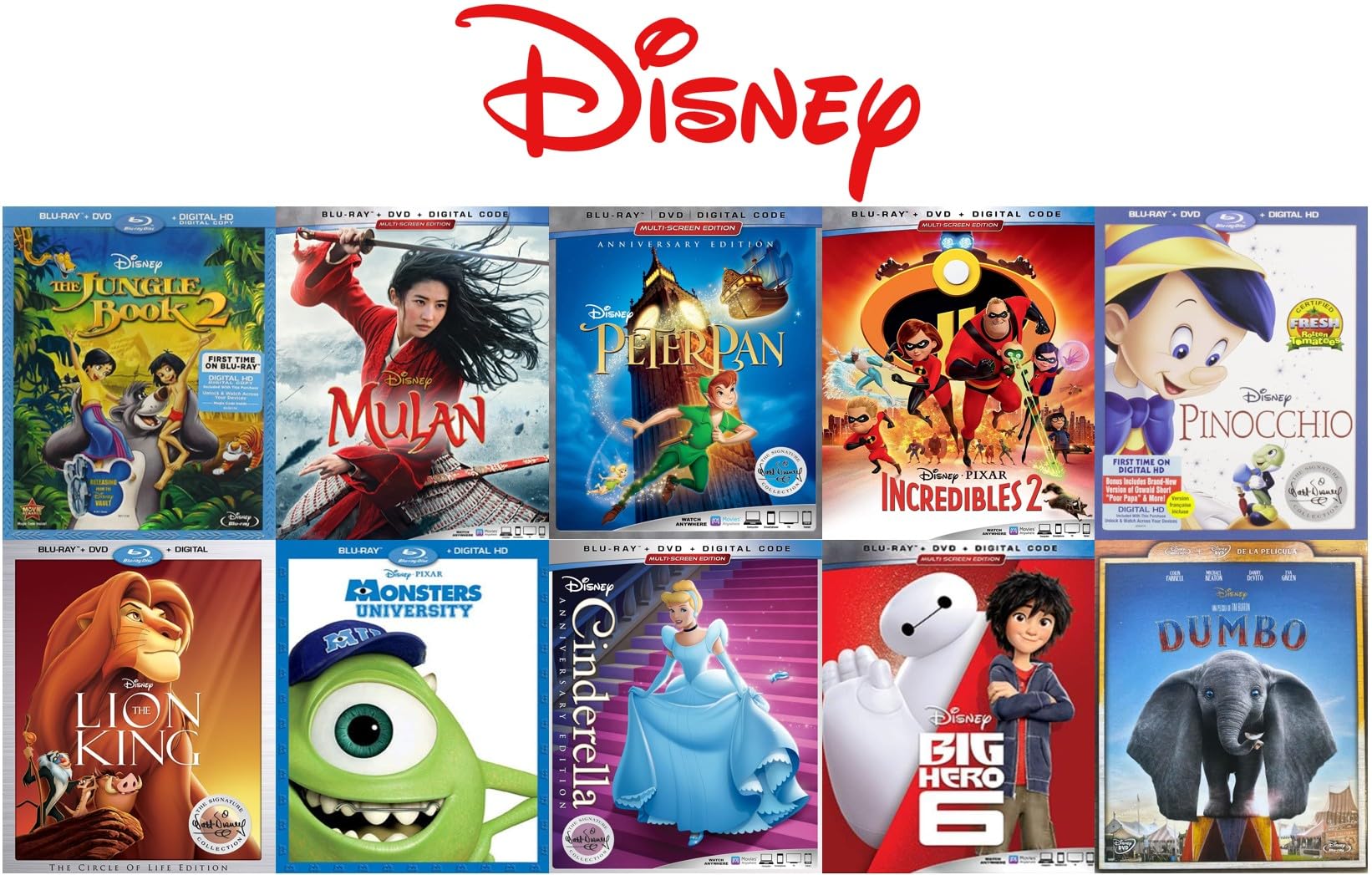 Disney 10-Movie Blu-ray DVD Collection Pinocchio Incredibles 2 Cinderella Peter Pan The Lion King Mulan Monsters University Big