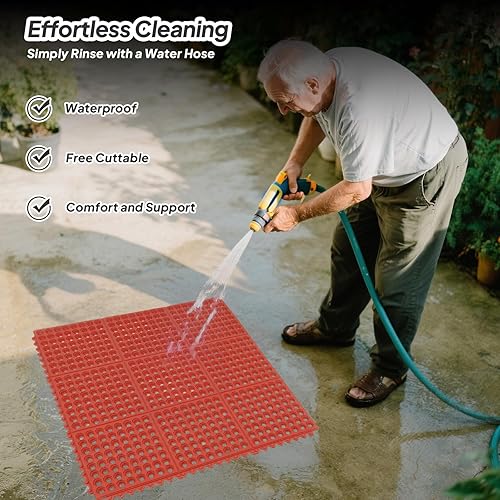 Vista 36 de ROVSUN Tapete de goma entrelazado resistente de 36 x 36 pulgadas, tapete comercial antideslizante con orificios de drenaje, diseño antifatiga