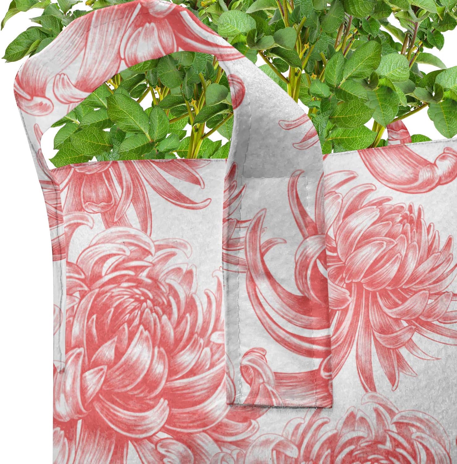 Lunarable Floral Grow Bags 5-Pack, Chrysanthemum Bouquet Pastel, Heavyduty Fabric Pots with Handles for Plants, 7 Gallon, Dark Coral White