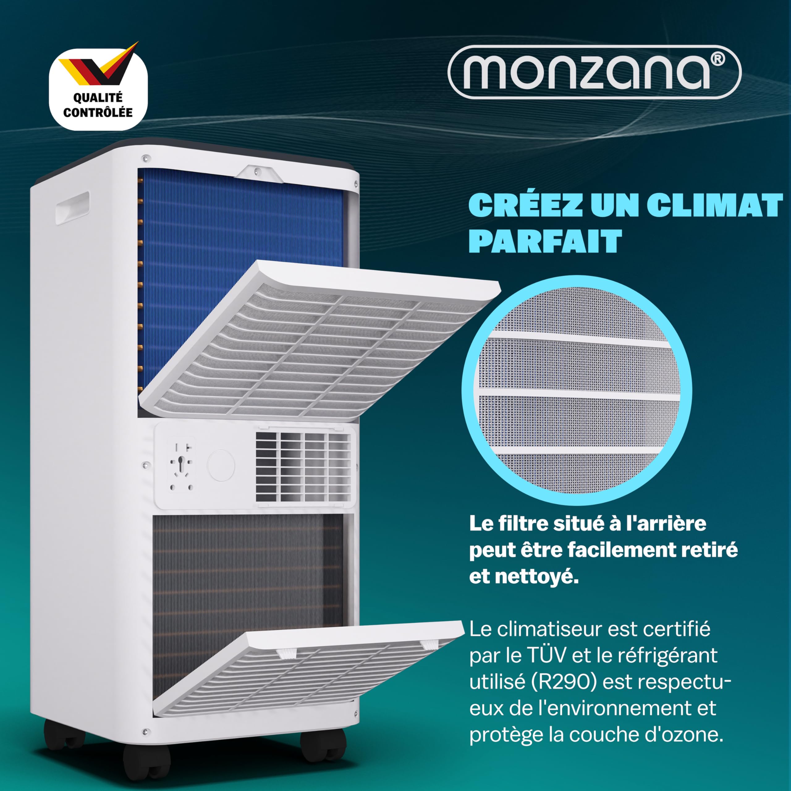 MONZANA® Climatiseur Mobile 9000 BTU (30 m²) - Clim Portable Puissante & Silencieuse 3-en-1 : Refroidissement Rapide, Déshumidificateur, Ventilateur - WiFi, Minuterie 24h, Télécommande, Kit Fenêtre