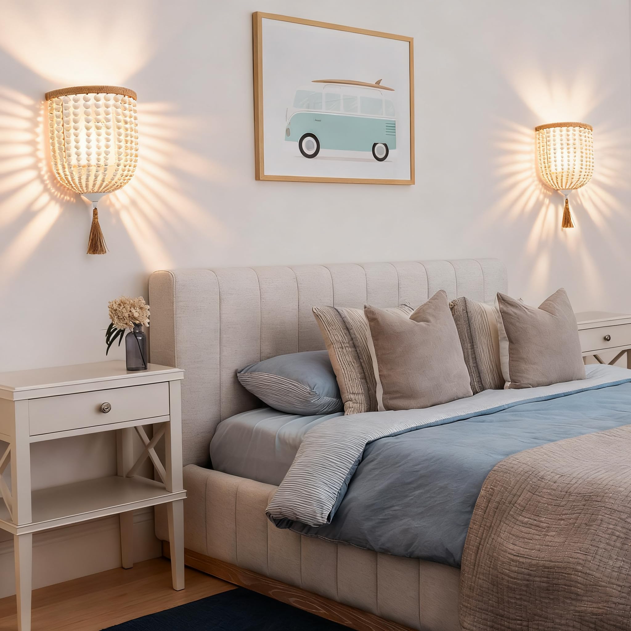 Akku Wandlampe 2 Stück RGB Wandleuchte ohne Stromanschluss Dimmbar Nachttischlampe mit Fernbedienung Boho Vintage Lampe aus Holzperlen Nachttischlampe für Wohnzimmer Schlafzimmer Flur