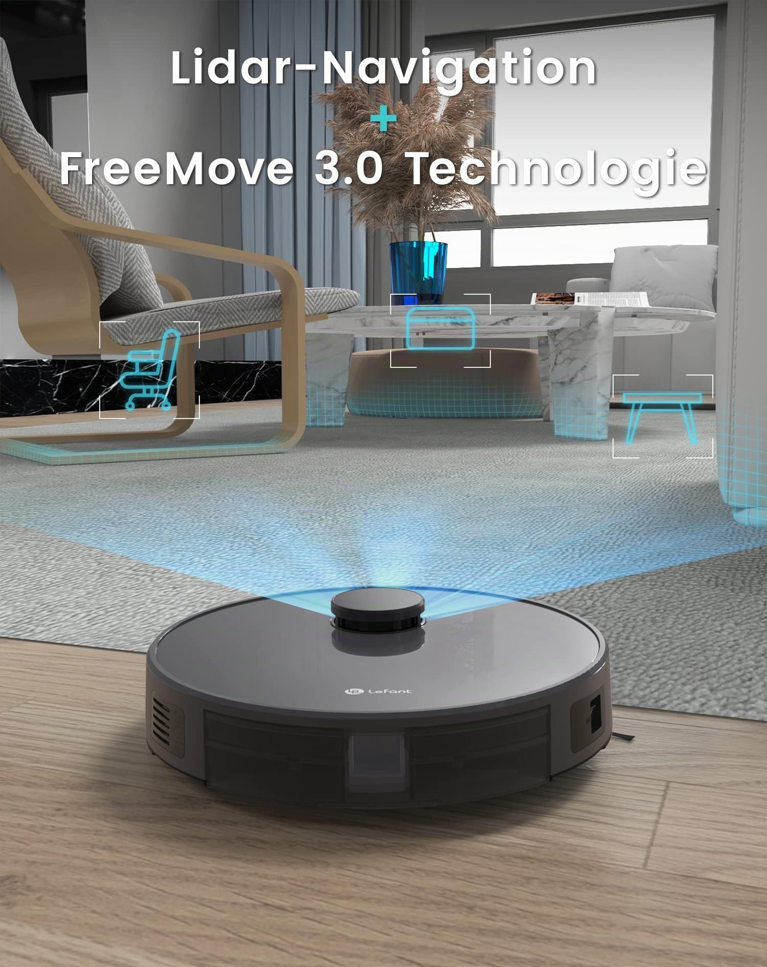 Lefant Staubsauger Roboter, Saugroboter mit No-Go-Zonen 5500Pa Saugleistung 200min Laufzeit, Mehrstufiges Mapping, Saug und Wischroboter für Tierhaare, Teppiche und Hartböden,Grau