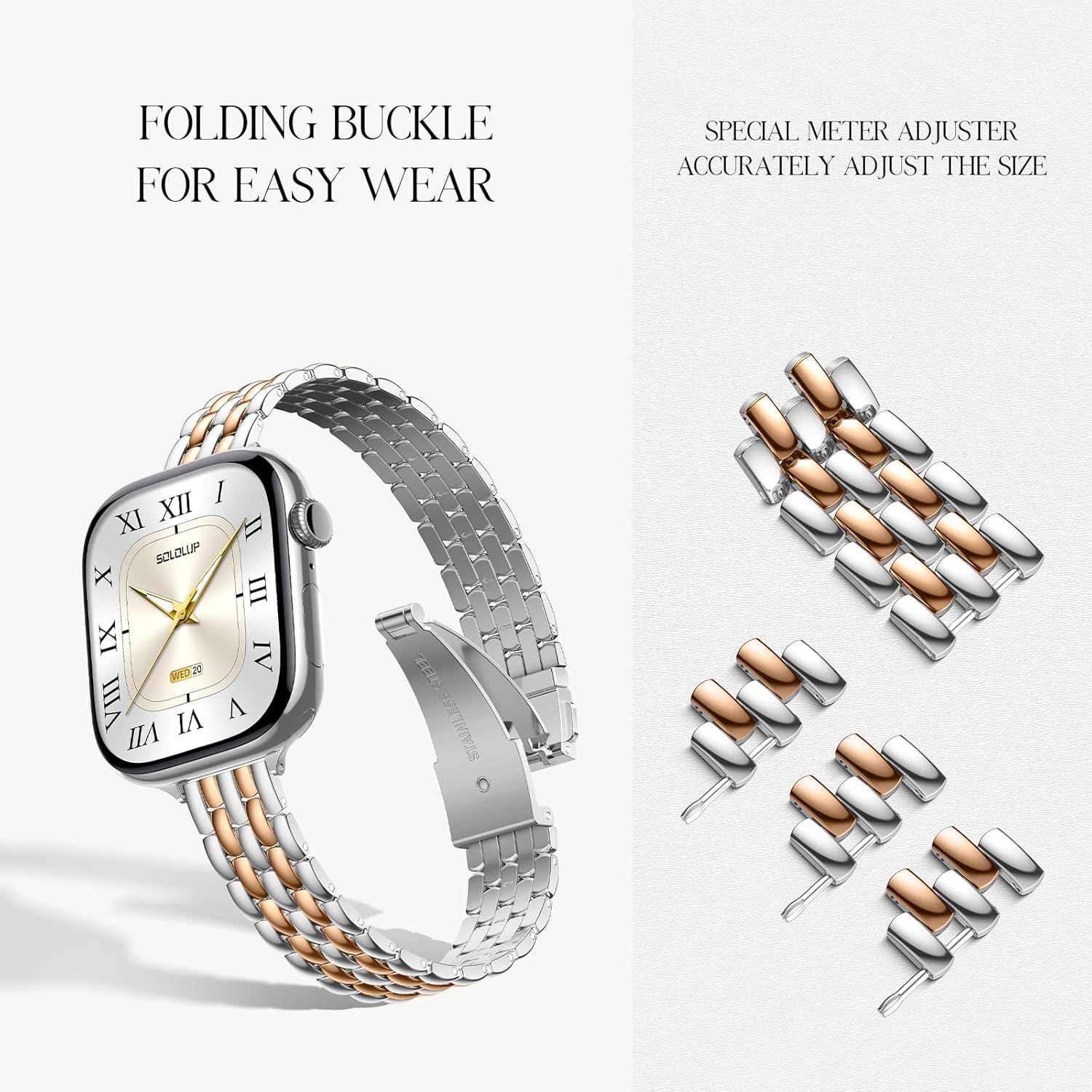 SOLOLUP Slim Metal Band Compatible With Apple Watch Bands for Women Series 11 10 9 8 7 6 5 4 3 SE 3/2/1,Thin Dressy Stainless Steel Elegant Strap for iWatch Bands 38mm 40mm 41mm 42mm,Silver-RoseGold - Image 4