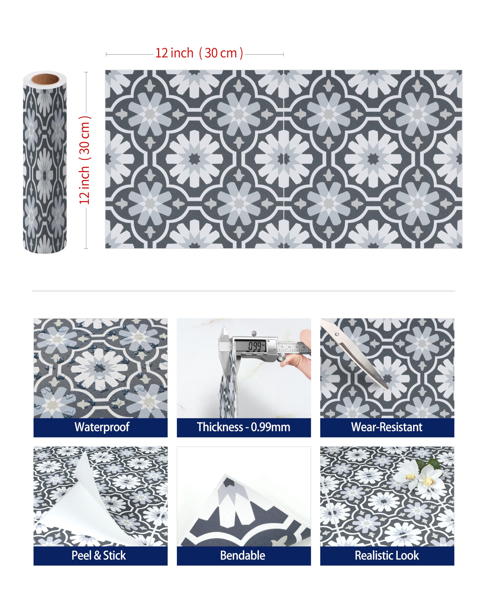 FunStick Piastrelle adesive per pavimenti in vinile blu e grigio, impermeabili, 30,5 x 360,7 cm, motivo floreale, per bagno, affittuari, camper, camera da letto, rotolo adesivo per pavimenti