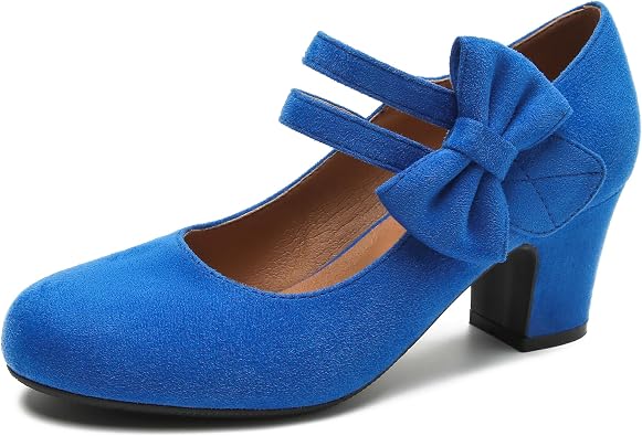 Enelauge Womens Mary Jane Heels with Bow Retro Closed Round Toe Pumps Sweet Ankle Strap Low Block Heels Chic Bowtie Vintage Dress Wedding Party Office Daily Shoes