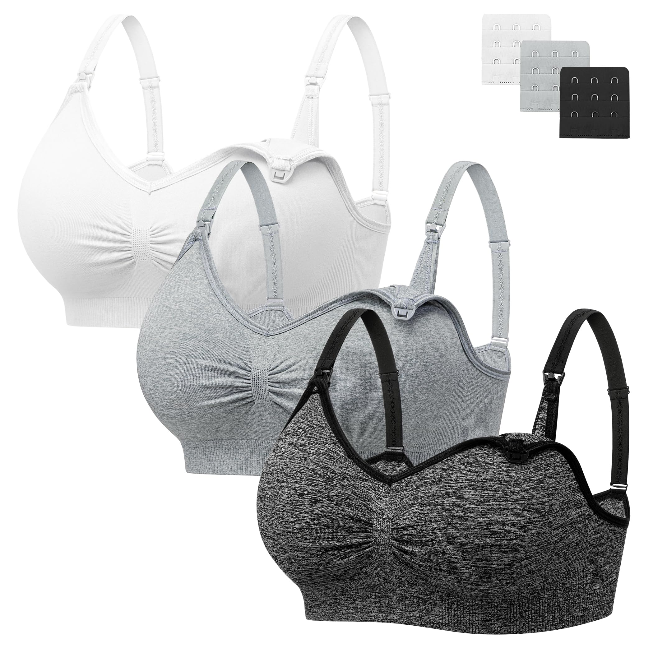 HBselect Nahtloser Schwangerschafts Still BH mit extra BH-Verlängerungen | 3er Set Still-BHs ohne Bügel, viele Farben & Größen wählbar, mit Stillverschluss für werdende und stillende Mütter