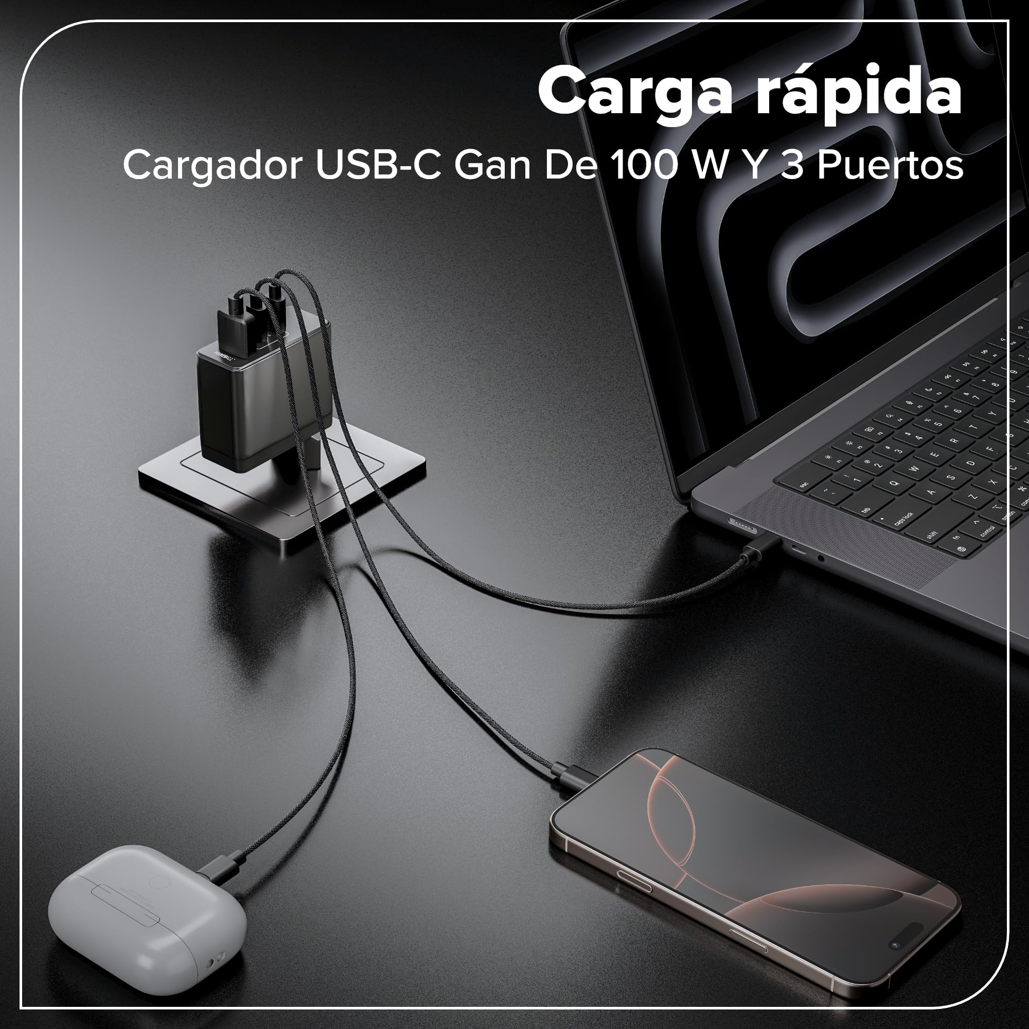 Greenworks Cargador USB C rápido 100 W Pod de 3 Puertos PPS, Fuente de compacta USB C para MacBook Pro/Air, iPad Pro, Galaxy S20, Note 20, iPhone 17 Pro MAX, Garantía de 3 años -AP100EA
