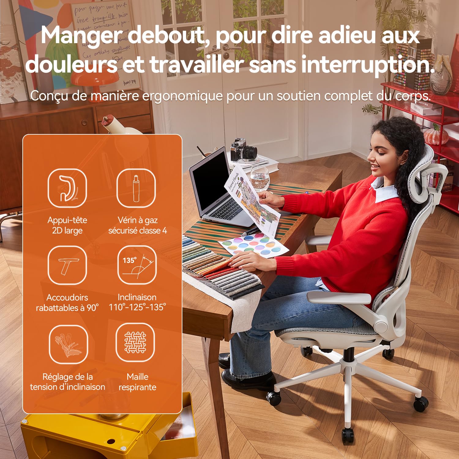 SIHOO B100 Chaise de Bureau Ergonomique Maille Respirante Support Lombaire Inclinaison 90-135° Gris Blanc