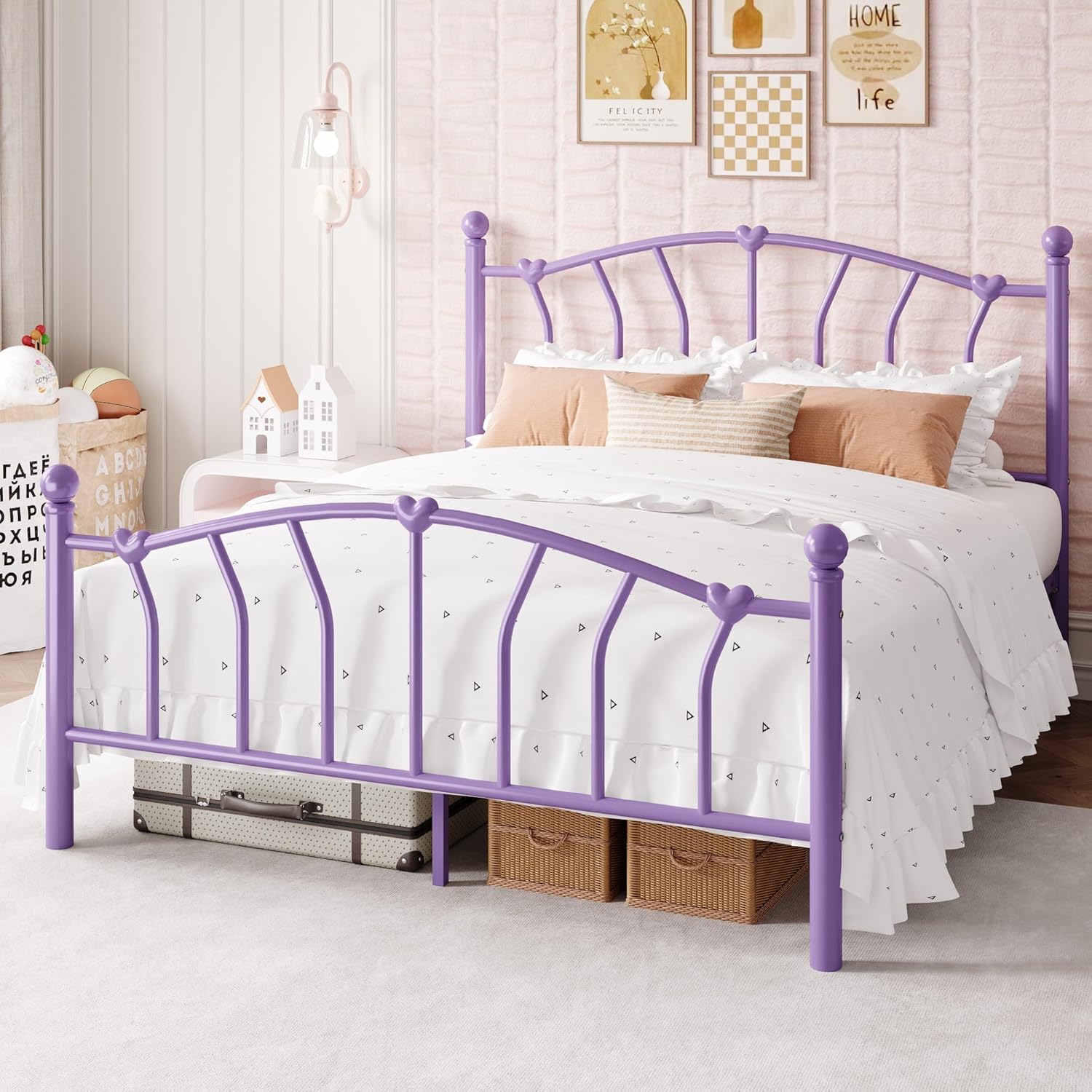 Allewie 14 Inch Queen Size Metal Platform Bed Frame with Heart-Shaped Headboard and Footboard/Iron-Art Mattress Foundation/Under Bed Storage/No Box Spring Needed/Easy Assembly/Noise-Free/Purple