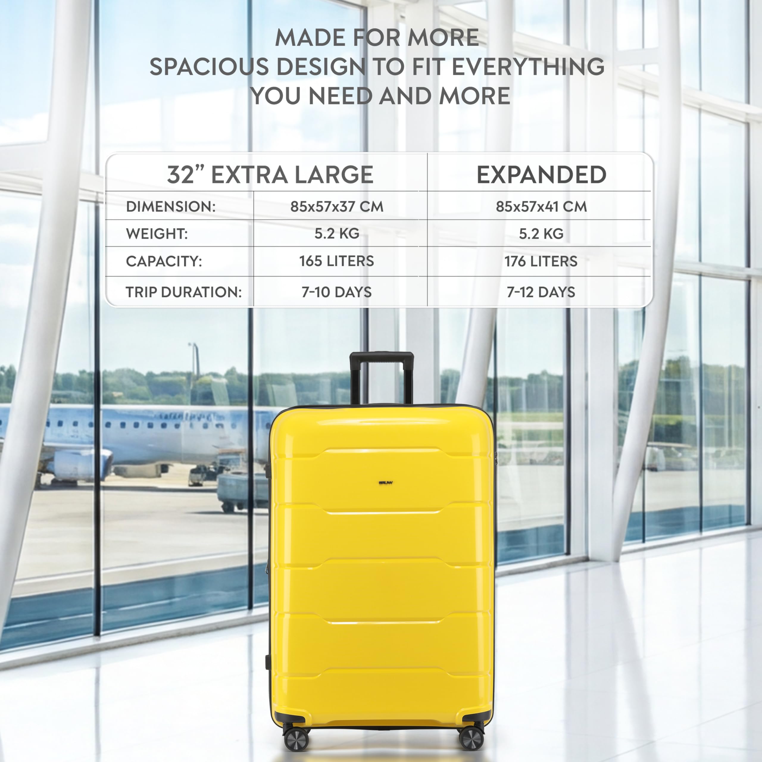 CRUW Extra Large 32" Checked Luggage 85x57x37cm + Expandable Hold Baggage (165/176 Liters) Polypropylene Suitcase TSA Approved Lock 8 Silent Spinner Wheels Lightweight Suitcases Airline Travel
