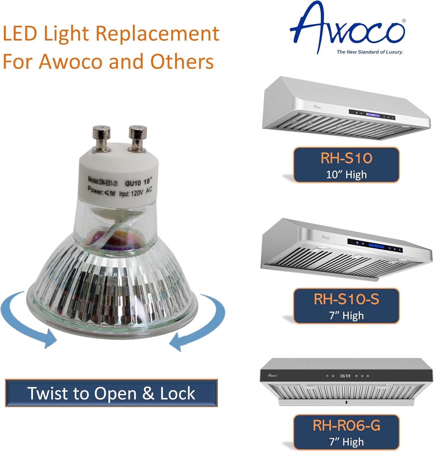 Awoco ON-E01-31, GU10 LED Light Bulbs, 1W, 6000K Daylight Cold White, 120V, MR16 LED Bulb for Kitchen Replacement, Range Hood, Spotlight.