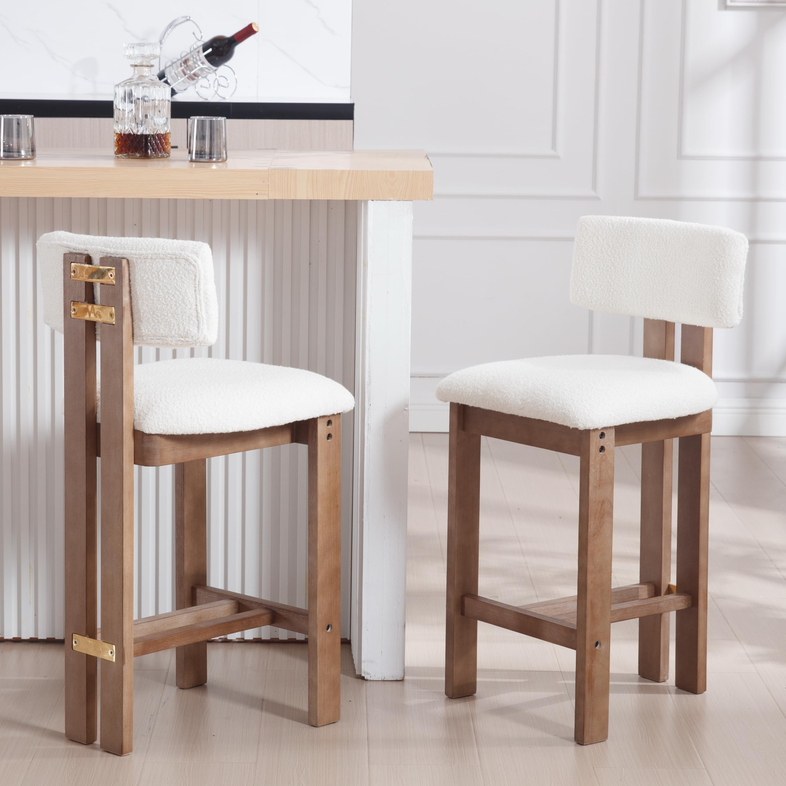 RIVOVA 26 inch Farmhouse Bar Stools Set of 2 Sherpa Upholstered Kitchen Stool Wood Legs Boho Pub Stool with Back Modern Counter Height Bar Chairs