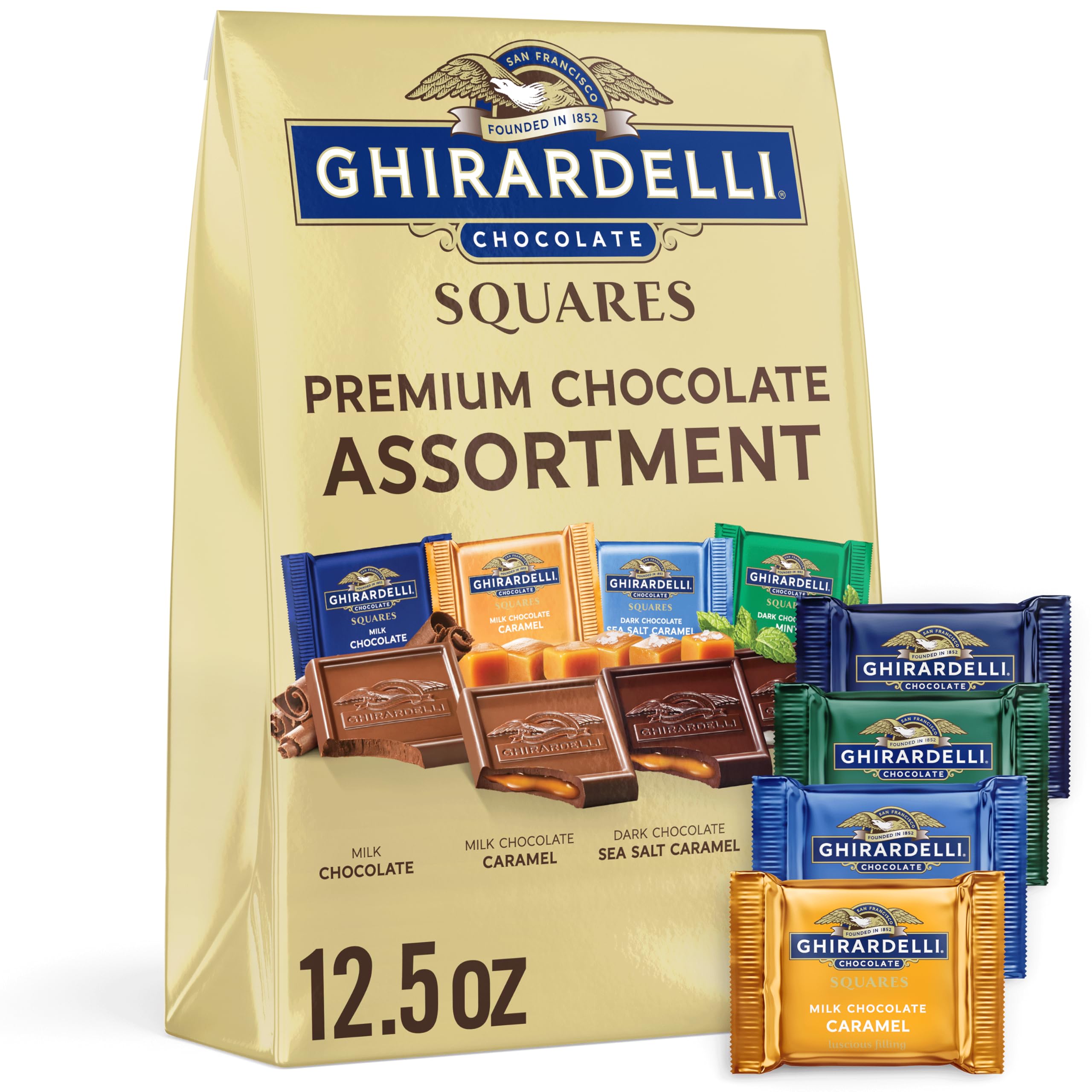 GHIRARDELLI Premium Chocolate Assortment SQUARES, 12.5 oz Bag Variety Pack of Milk, Dark, Mint, and Caramel Chocolates