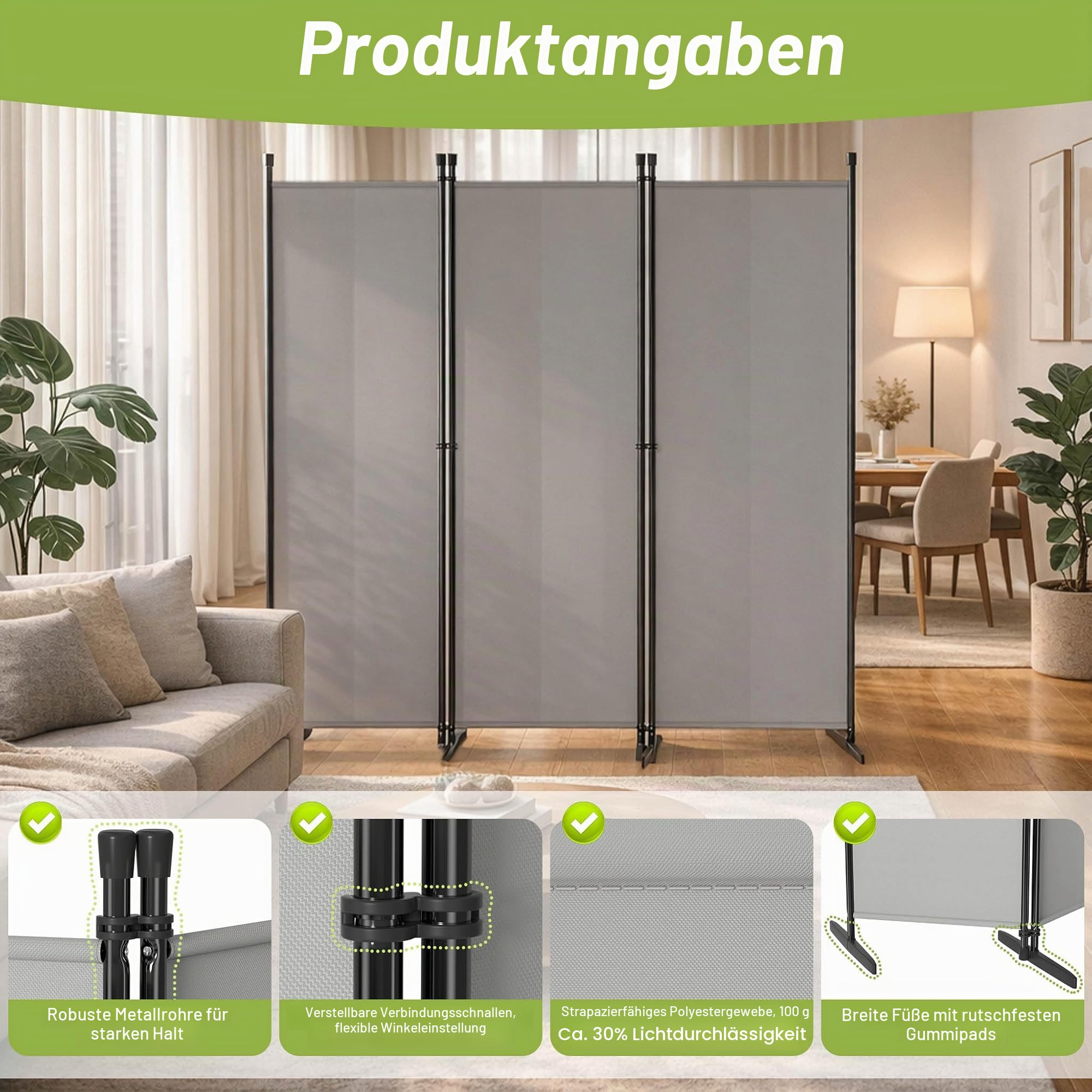 UISEBRT Paravent Outdoor wetterfest mit Heringen und Abspannleinen,Klappbar Freistehend Trennwand ohne Bohren,mobiler sichtschutz für Garten Balkon terrasse,4 Teilig 320 x 180 cm Hellgrau