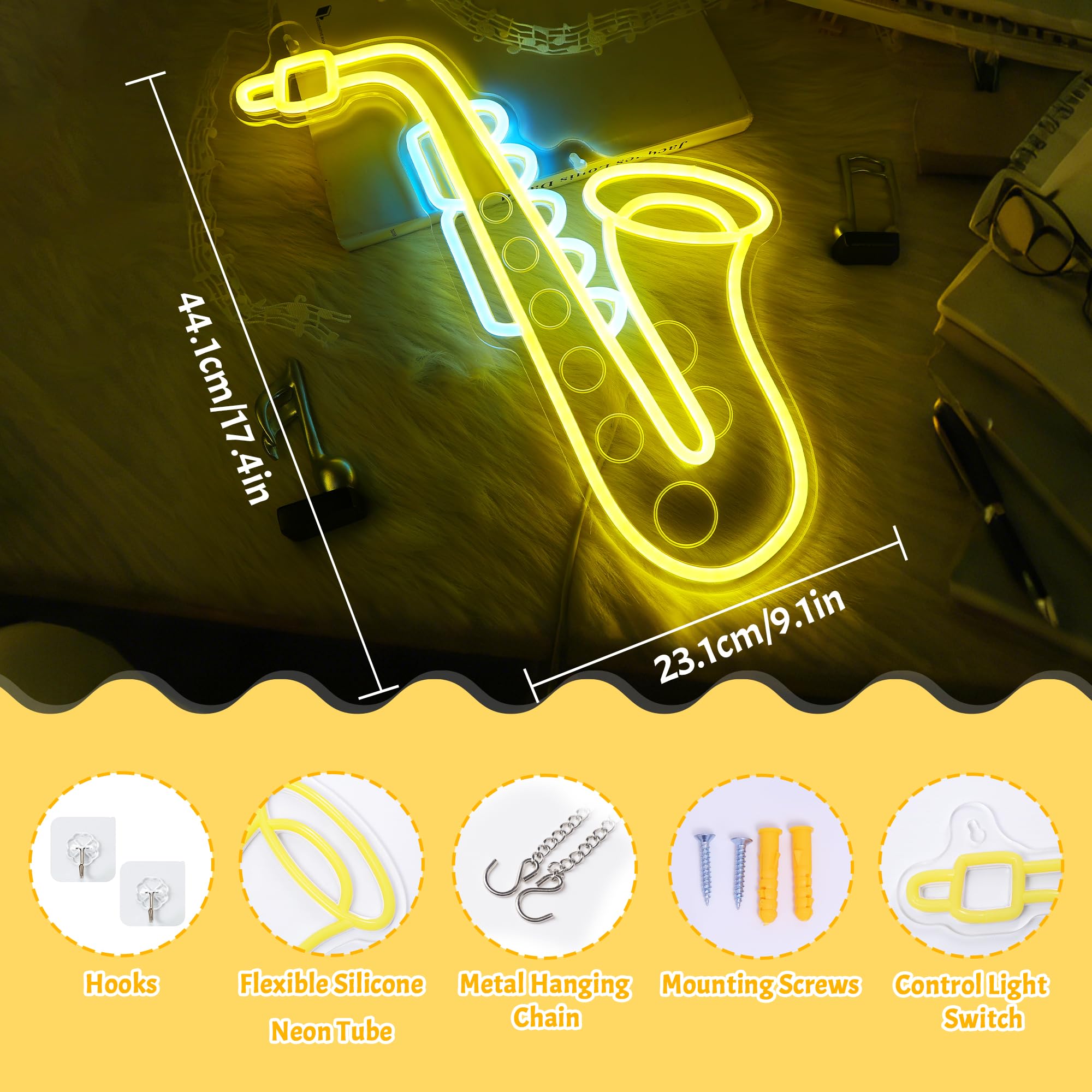 CoolGift Mart Saxophone Neon Sign, Dimmable LED Saxophone Room Decor Light With USB Powered, Decorations for Bedroom Living Room Club Music Studio, Gifts for Saxophone Enthusiasts Music Lovers