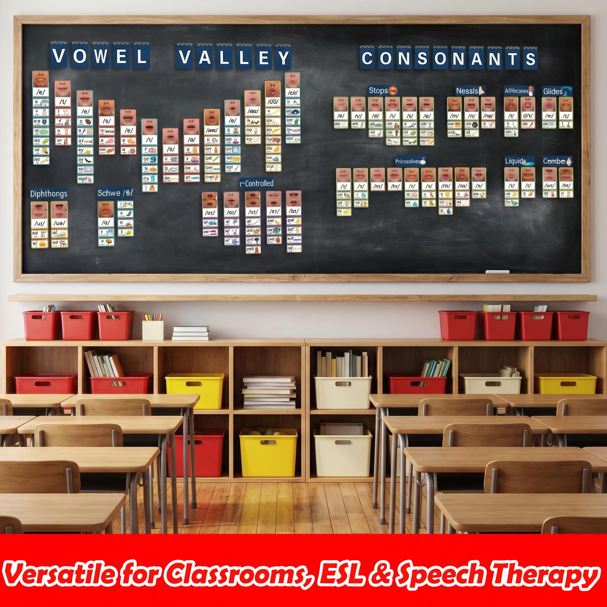Sound Wall Classroom Phonics Kit, nauka czytania dźwiękowych spółgłosek ściennych i wystrój sali lekcyjnej Vowel Valley, świadomość fonemiczna, materiały do terapii mowy ESL (220 kart)