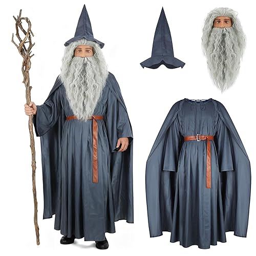 EDAUWAE Wizard Costume Men with Wig Warlock Robes Wizard Cloak Grey Robe Hat Beard Halloween Cosplay Outfit - Type 1 - Small