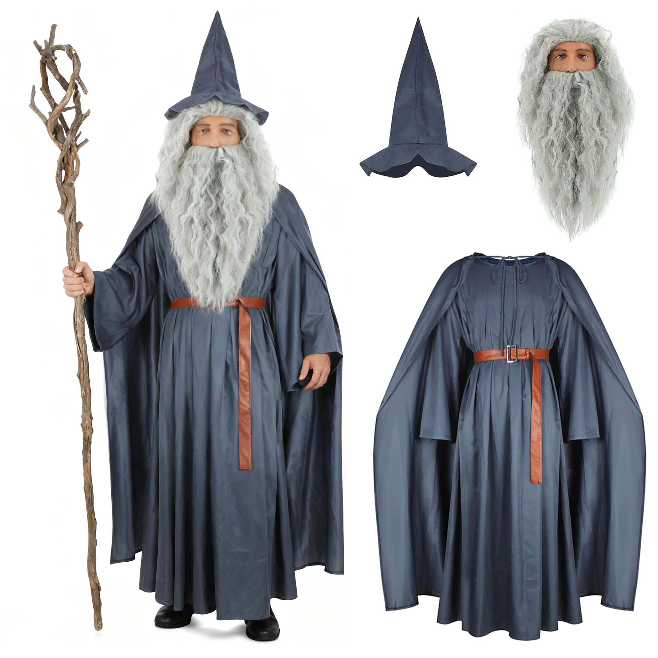 Gandalf Costume Fellowship of The Ring Cosplay Grey Robe Cloak Hat Full Set Outfits for Adult Type 1 3XL