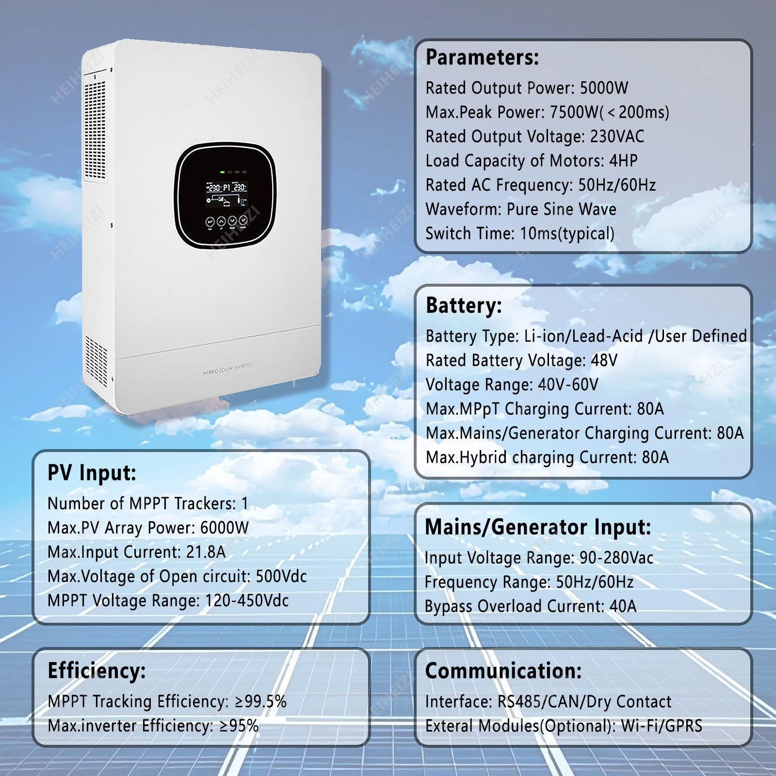 Onduleur Solaire Hybride 3600W DC24V à AC220V,Onduleur à Sinus Pur On/Off Grid avec Chargeur Solaire MPPT 100A+Chargeur CA,Entrée PV Max 5000W,Compatible avec Batteries Plomb-Acide/Lithium 24V