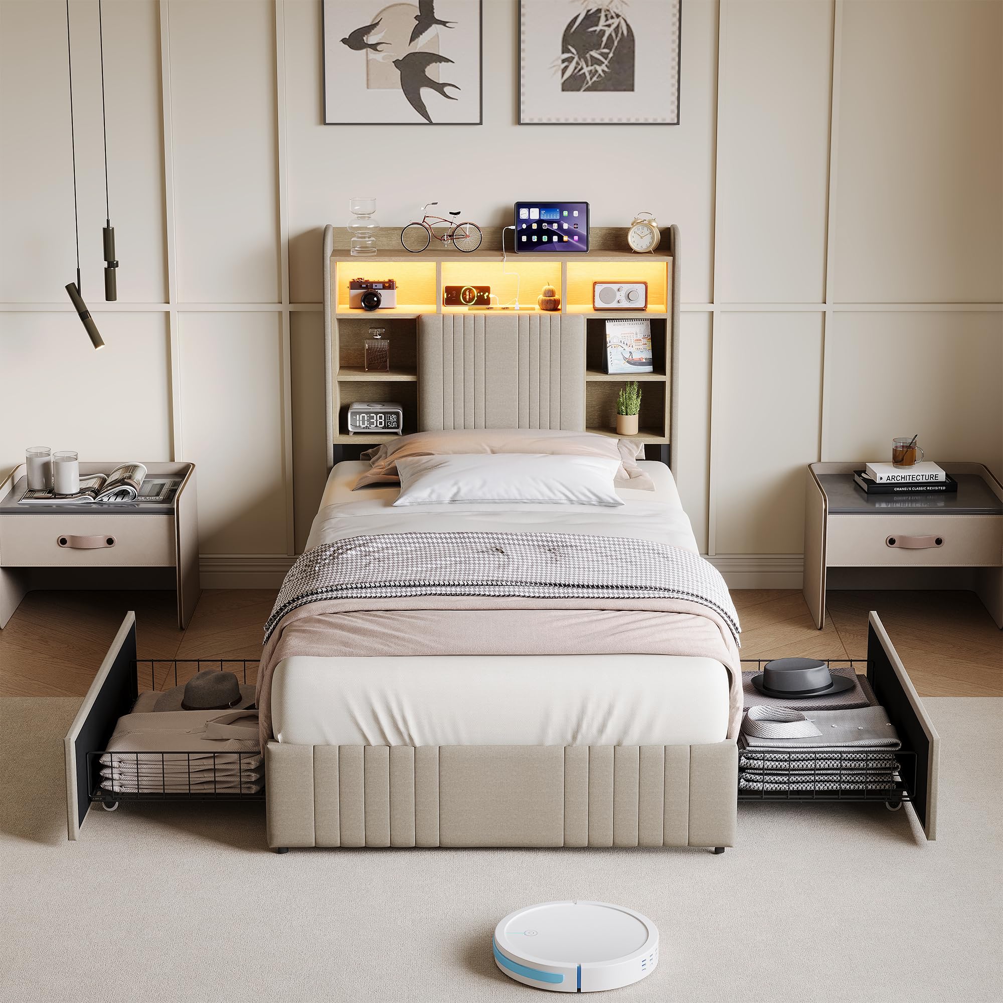 Letto singolo imbottito, 90 x 200 cm, con LED e vano portaoggetti, letto per ragazzi 90 x 200 cm, con illuminazione a LED e stazione di ricarica USB e tipo C, struttura imbottita con 2 cassetti