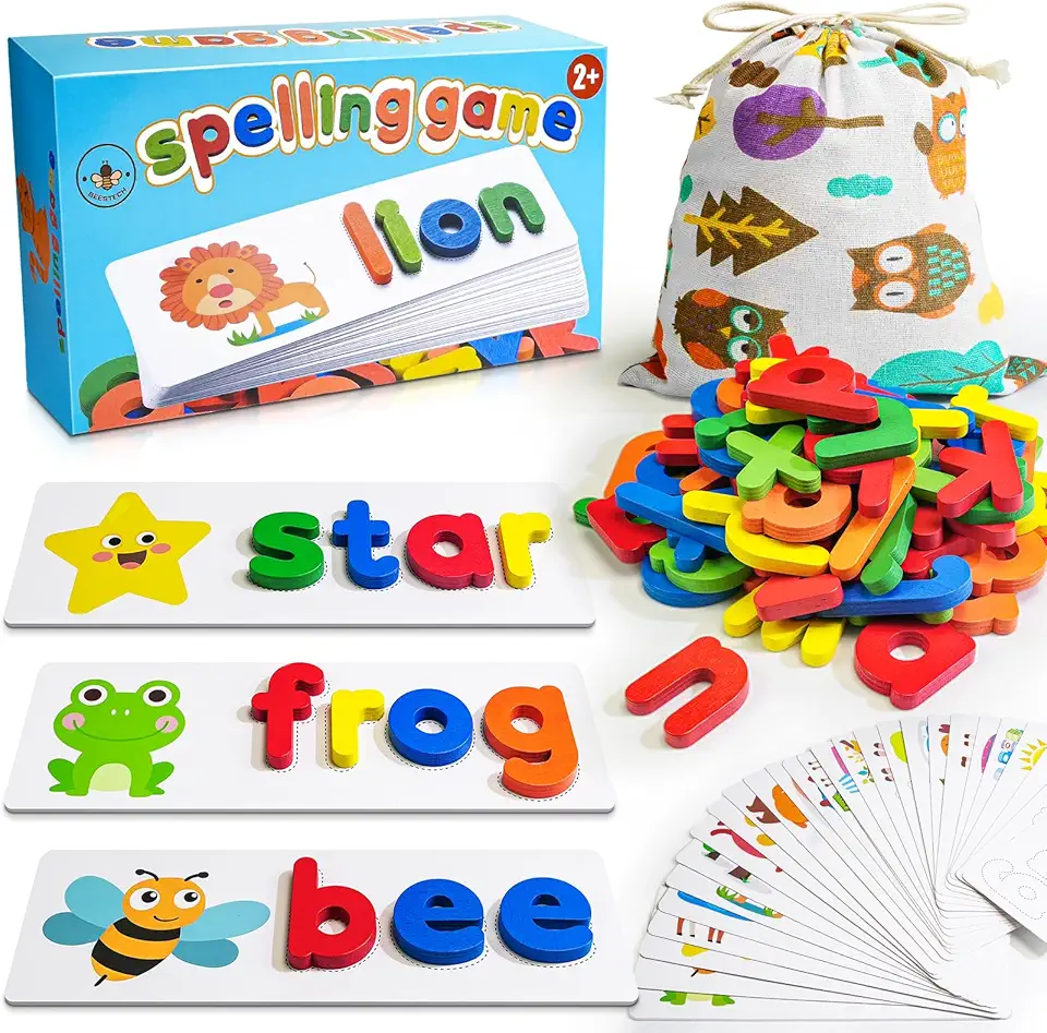 BEESTECH Alphabet ABC Learning Educational Toys for 2 3 4 5 Years Old Boys Girls, Wooden Puzzle Flash Cards Preschool Activity Letter Matching Games for Kids Toddlers