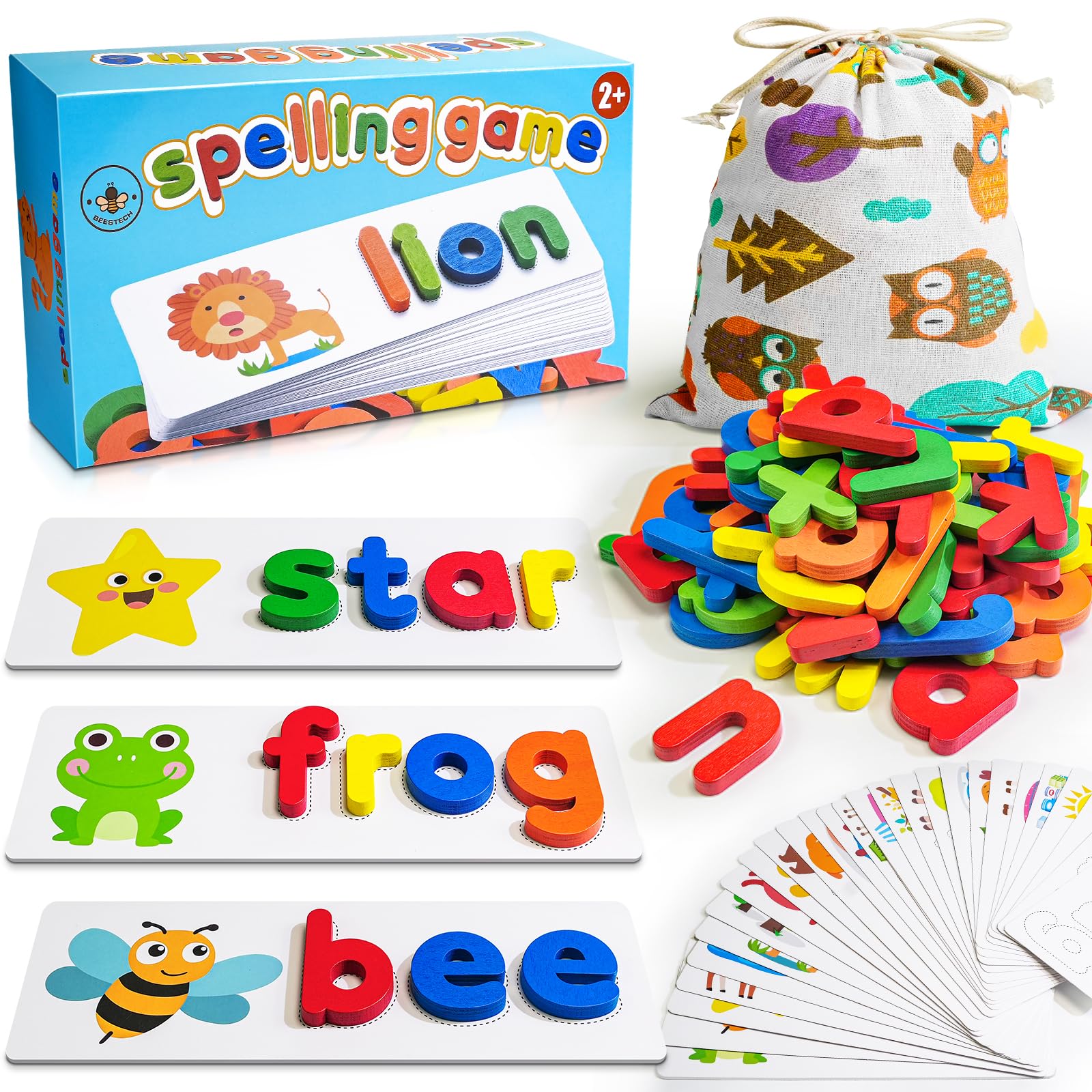 BEESTECH Alphabet ABC Learning Educational Toys for 2 3 4 5 Years Old Boys Girls, Wooden Puzzle Flash Cards Preschool Activity Letter Matching Games for Kids Toddlers