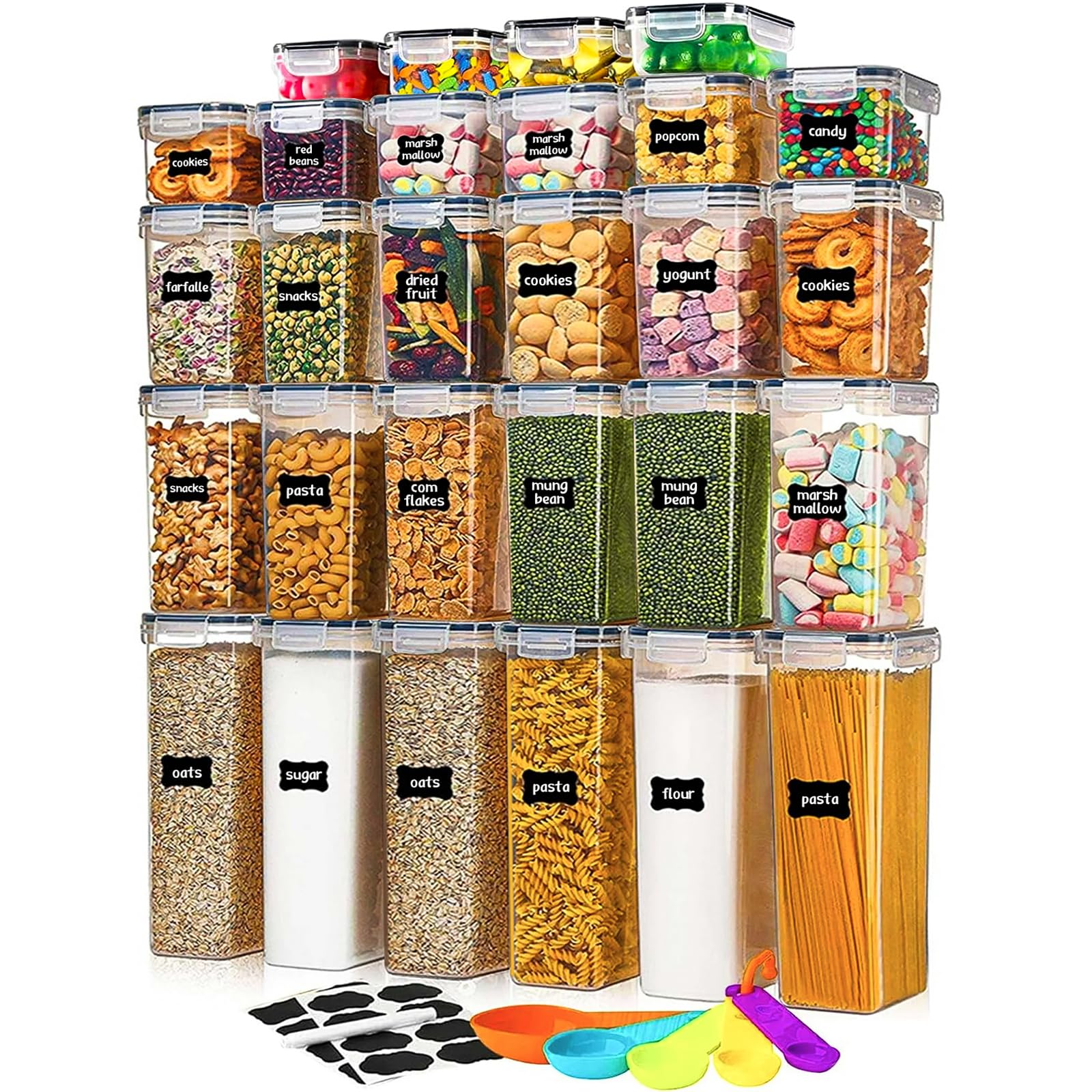 stusgo 28 Stück luftdichte Frischhaltedosen mit Deckel, BPA-frei, transparent, Vorratsbehälter für Küche, Lebensmittel, Speisekammer, Organizer und Aufbewahrung, Kunststoff, Speisekammer-Organizer für