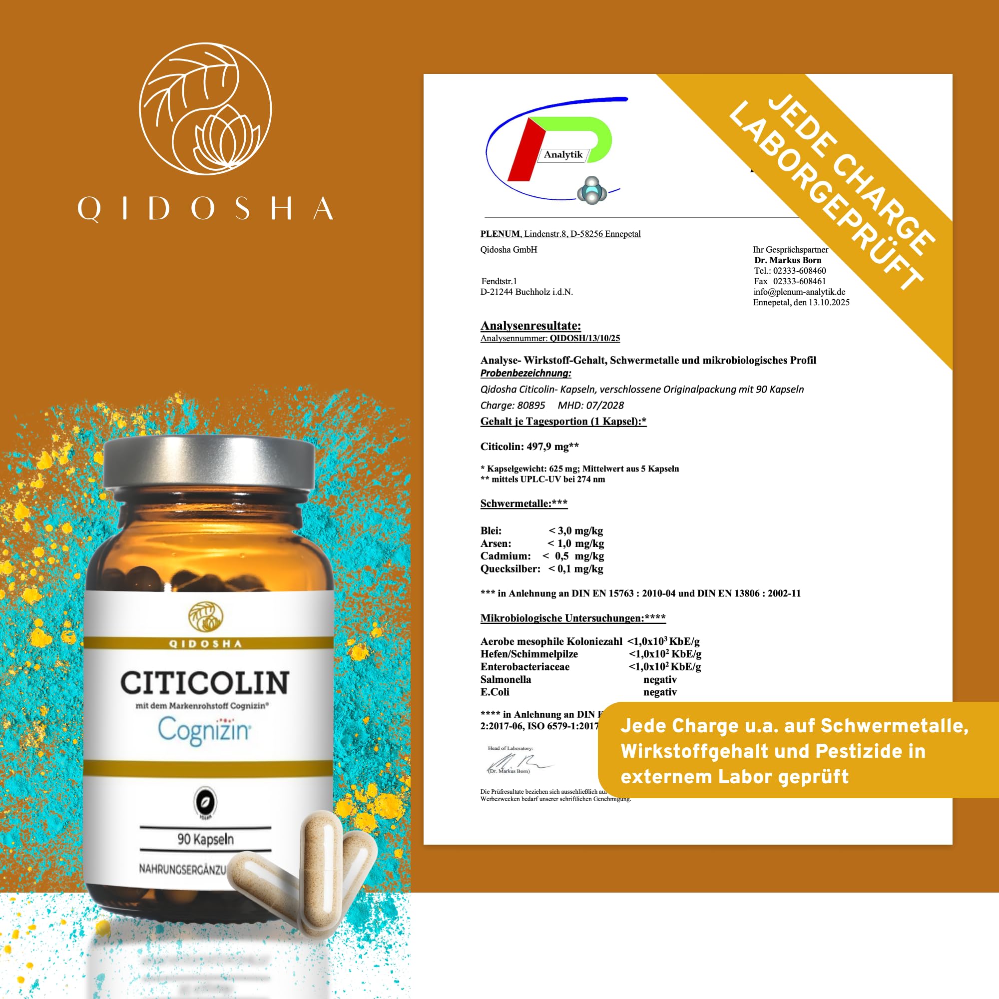QIDOSHA® Citicolin mit dem Markenrohstoff Cognizin®, 500mg Citicolin je Kapsel, 90 Kapseln im Apothekrglas, jede Charge laborgeprüft, deutsche Fertigung