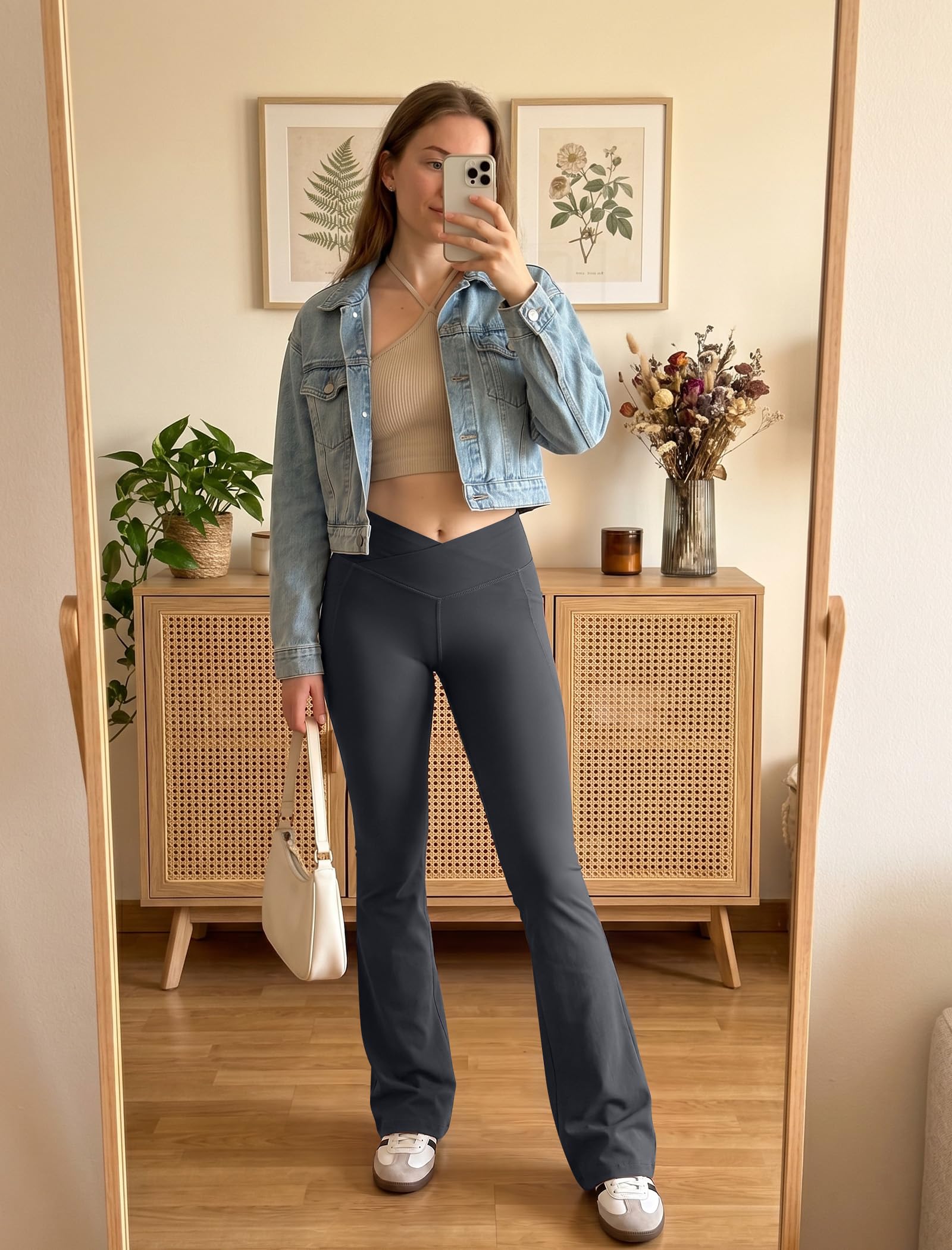 DLOODA Leggings acampanados para mujer con bolsillos, cintura alta, corte de bota, pantalones de yoga con control de abdomen, leggings acampanados