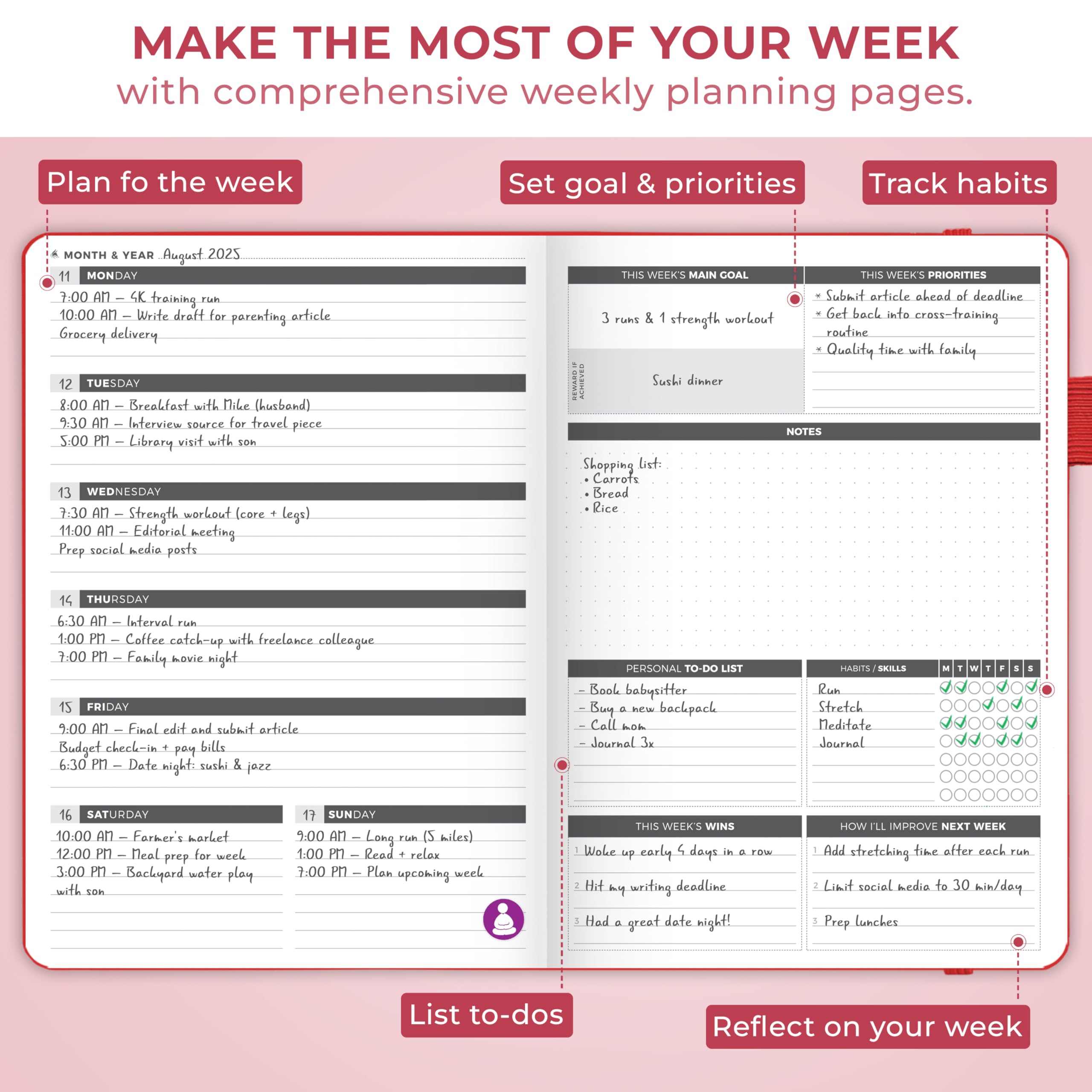 Clever Fox Planificador semanal y mensual sin fecha para productividad, gestión del tiempo y objetivos, diario organizador (rojo, más pequeño que A4 (7 x 10 pulgadas)