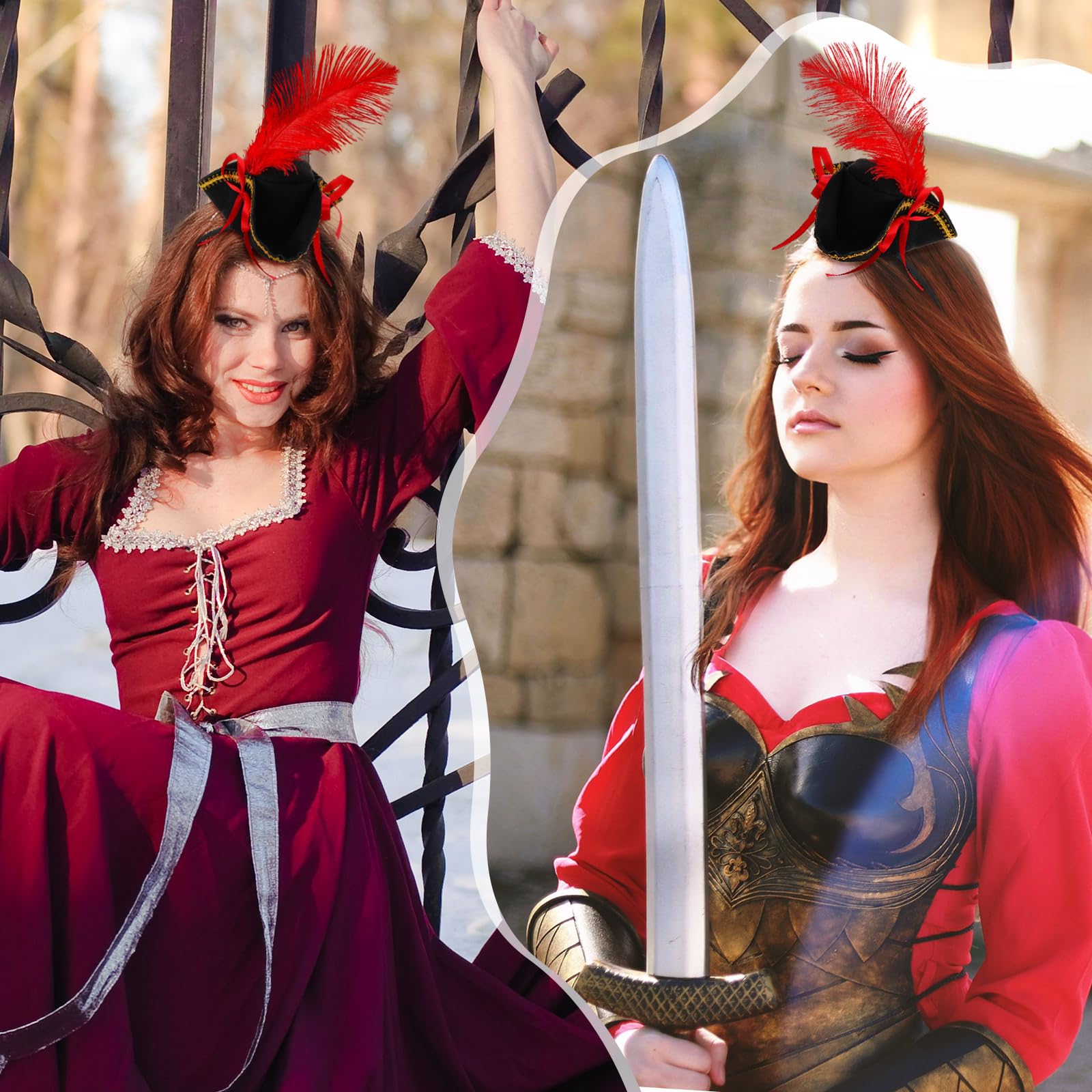 ShinyMatch 3 Pcs Pirate Tricorn Mini Hat Headband for Women Red Bow Knot Feather Pirate Fascinator Hat, One Size for School Play Theatrical Performance - Image 5