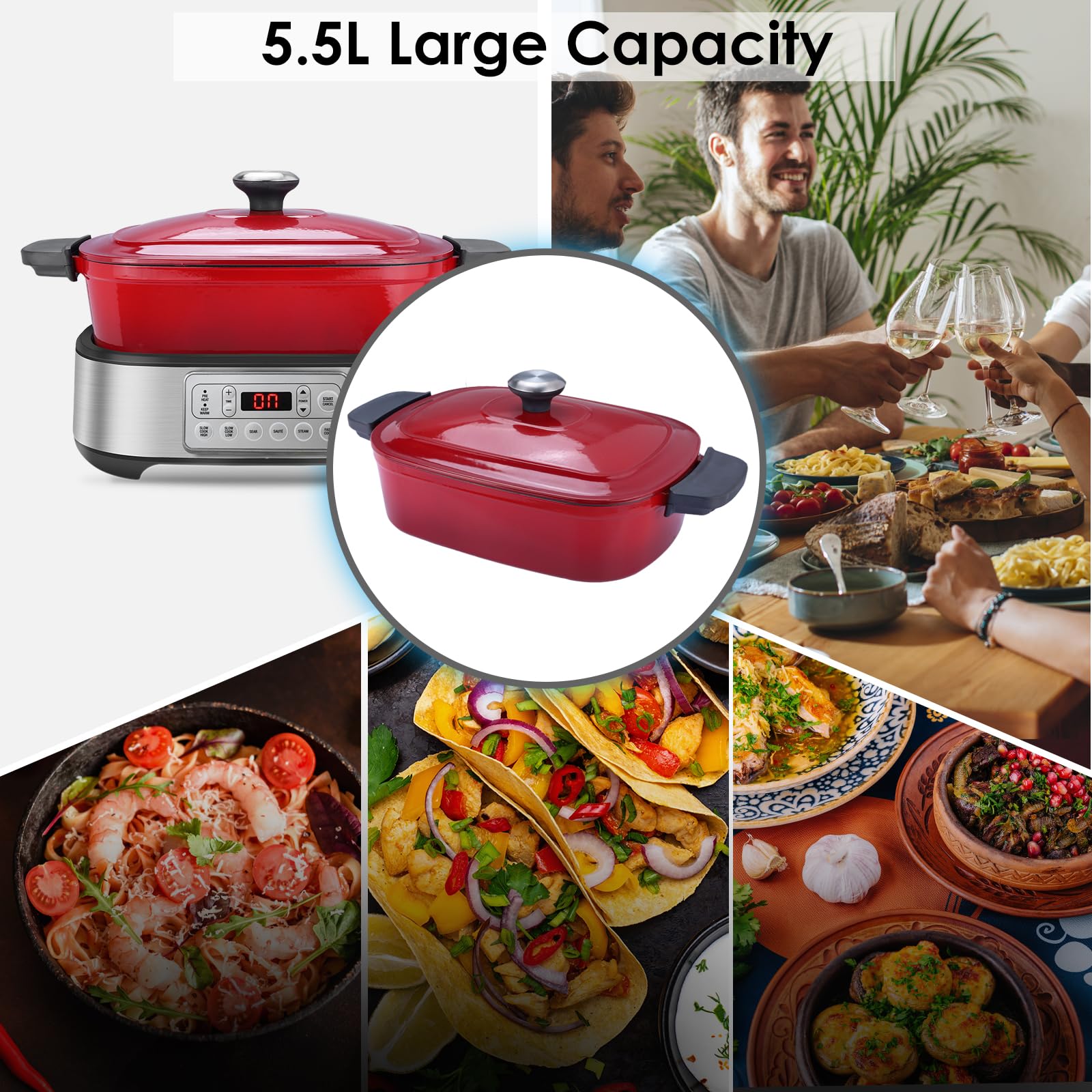 Homtone Schongarer & Multikocher 6-in-1, 5,5L Slow Cooker Programmierbarer Abnehmbarer Emaille-Schmortopf, Keramik-Antihaftbeschichtung, Langsames Garen, Anbraten, Dämpfen mit Dampfgarrost, Rot