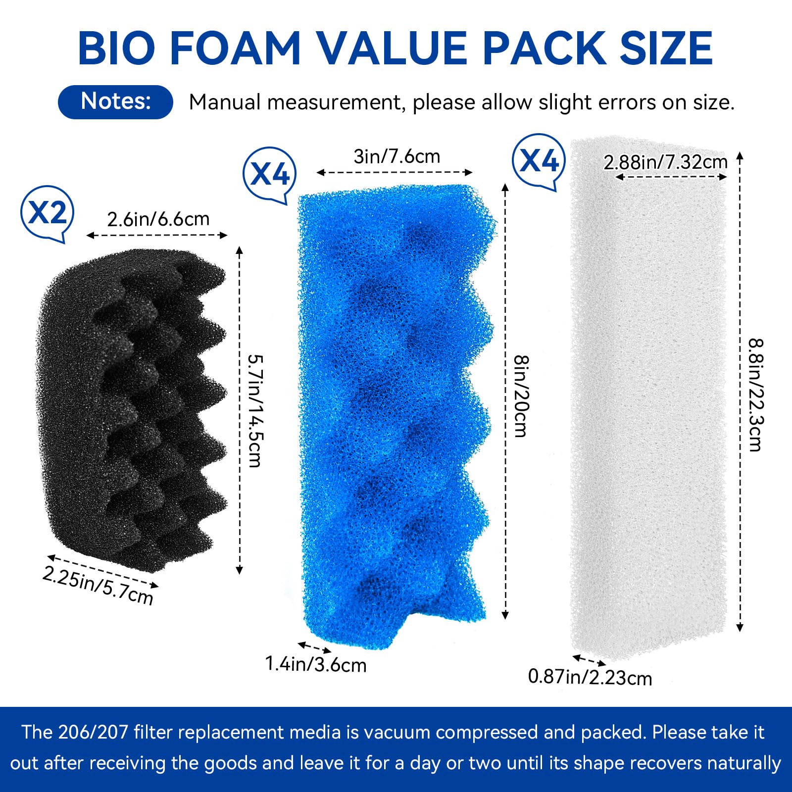 10 Pack Bio Schaum Kompatibel mit Fluval 206 & 207 Kanister Filter, Filterschwamm Ersatz Aquarium Filtermedien für Biologische Filtration, einschließlich Blau Weiß Schwarz Filtermedien Ersatzset
