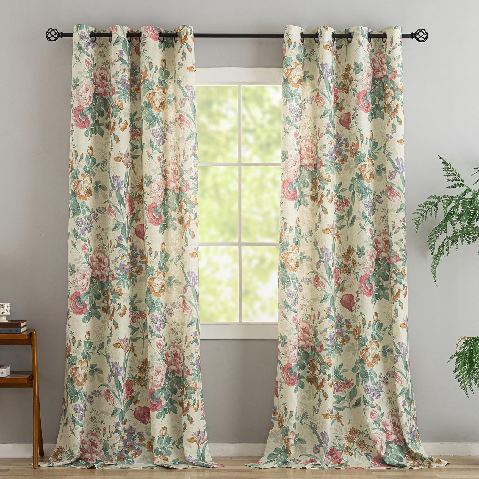 Vintage-Vorhänge, 2-teilig – Leinen-Optik, Viktorianisches Rosenmuster, 127x244 Cm, Halbtransparent, Mit Ösen